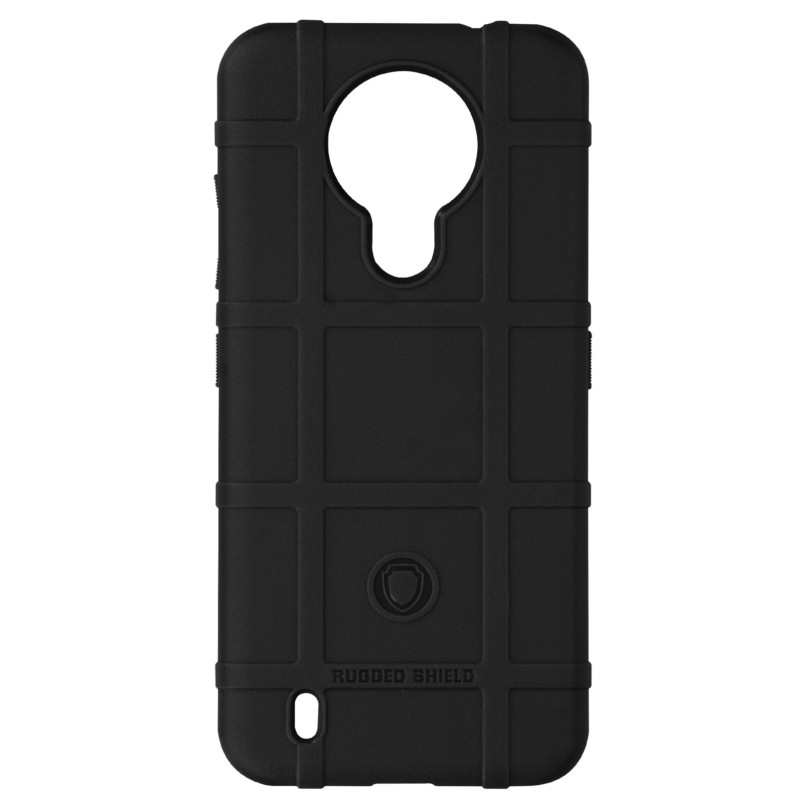 Custodia nera per telefono con motivo a griglia. La custodia ha un ritaglio per la fotocamera e il logo Rugged Shield.