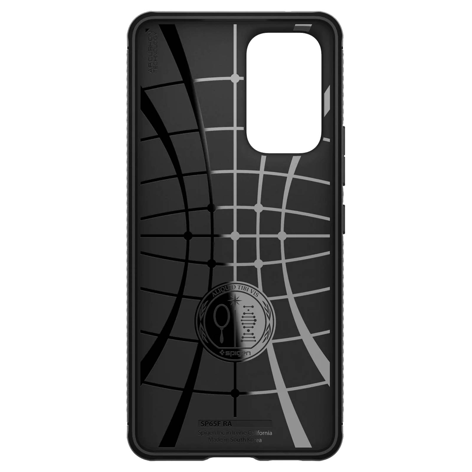 Custodia nera per telefono con design geometrico riflettente e logo del marchio al centro.