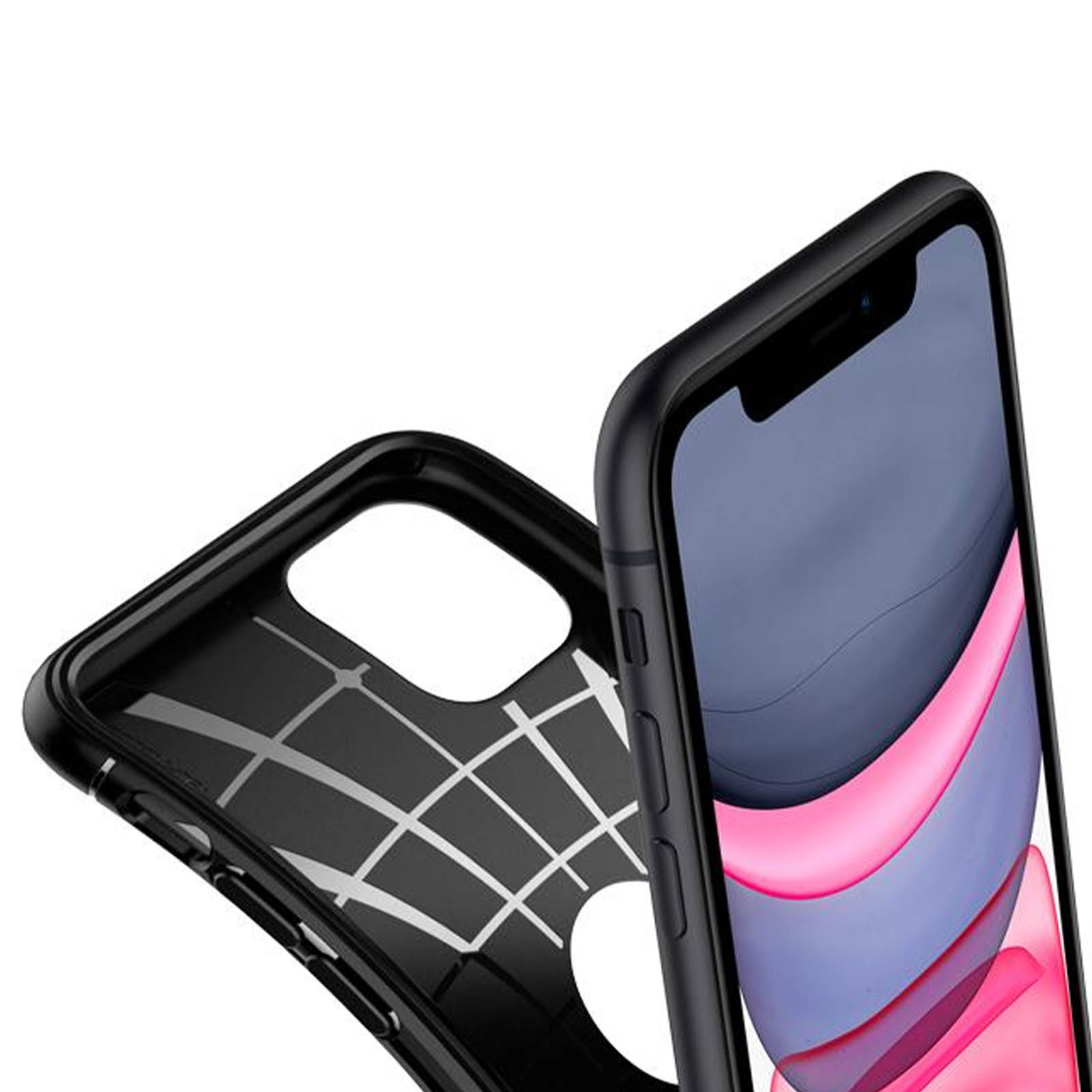 Custodia per telefono nera, aperta, con motivo a griglia interno, su sfondo bianco.