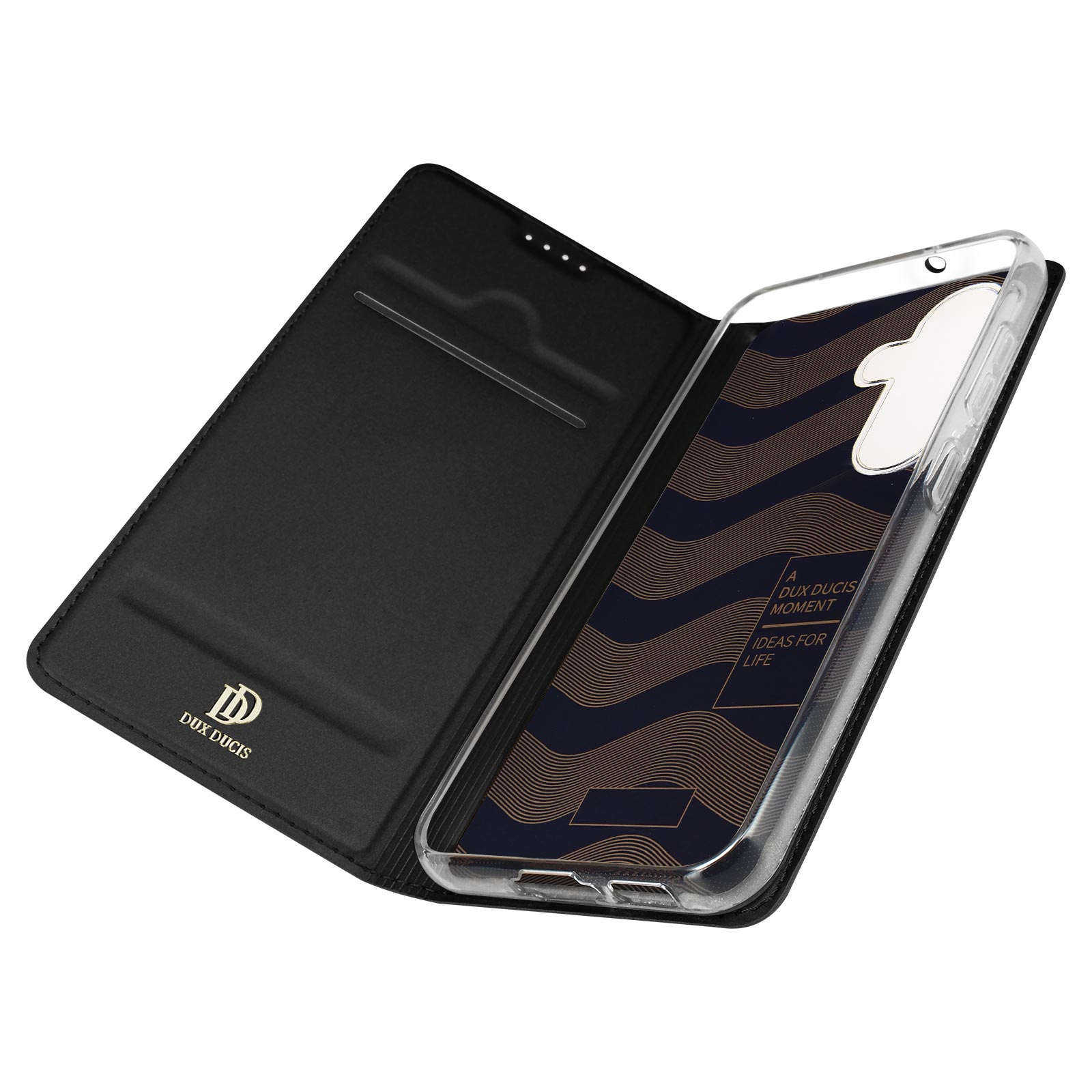 Eine schwarze Handyhülle, offen, mit einem Telefon darin. Die Hülle hat ein DUX DUCIS Logo.