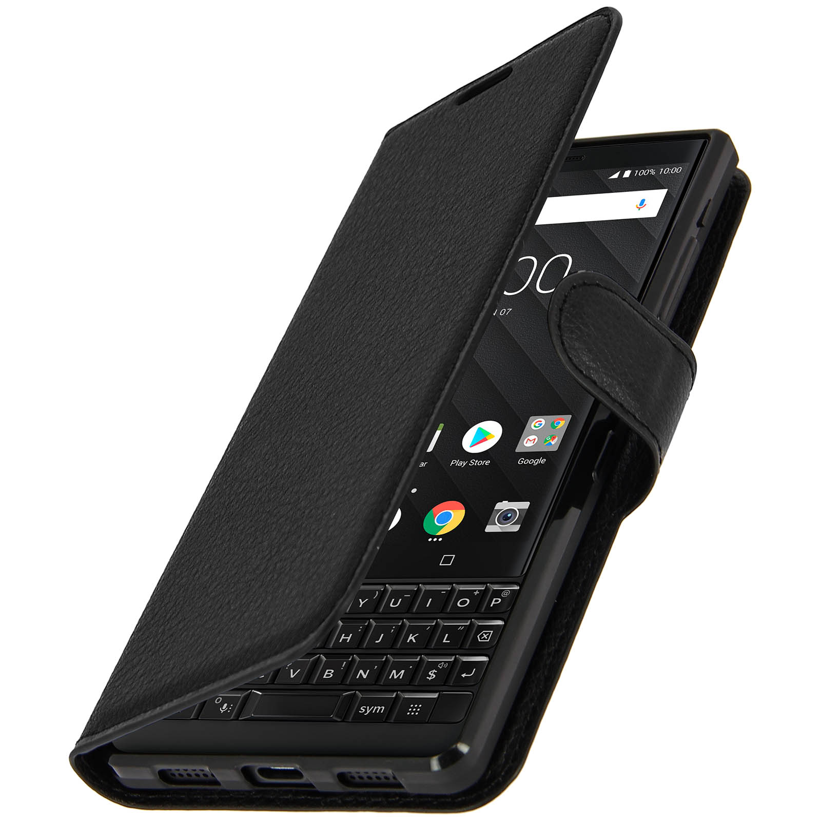 Ein schwarzes Telefon mit Tastatur in einer schwarzen Lederhülle, geöffnet, um den Bildschirm des Telefons freizugeben.