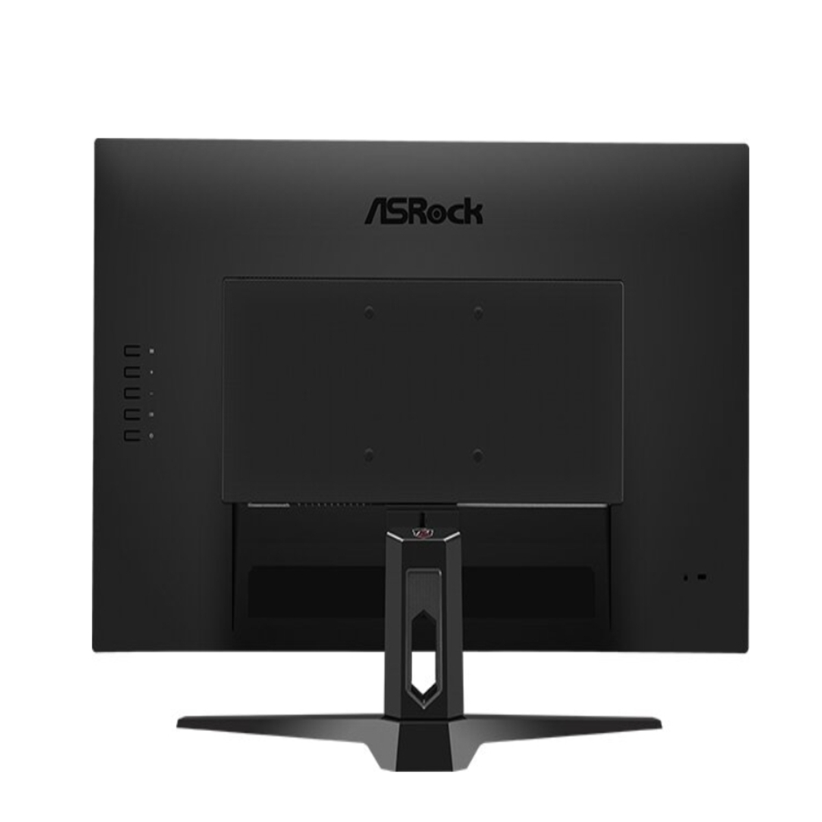 Tył czarnego monitora komputera ze stojakiem i kilkoma portami, z marką ASROCK.