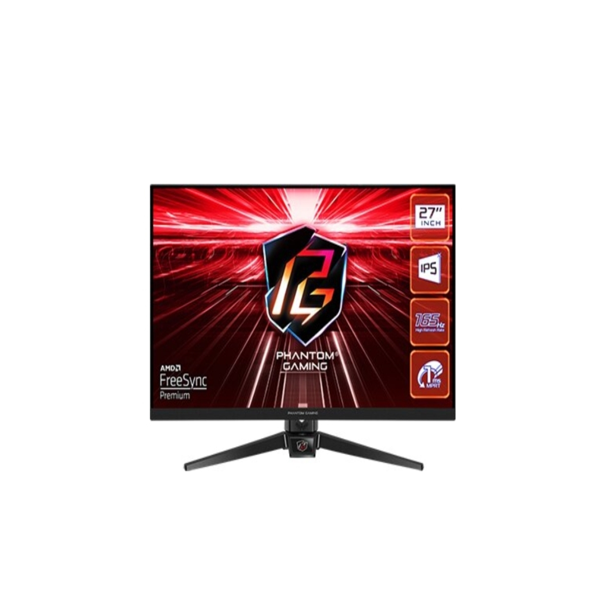 Monitor komputera z tekstem i logo. Czarny stojak na dole.