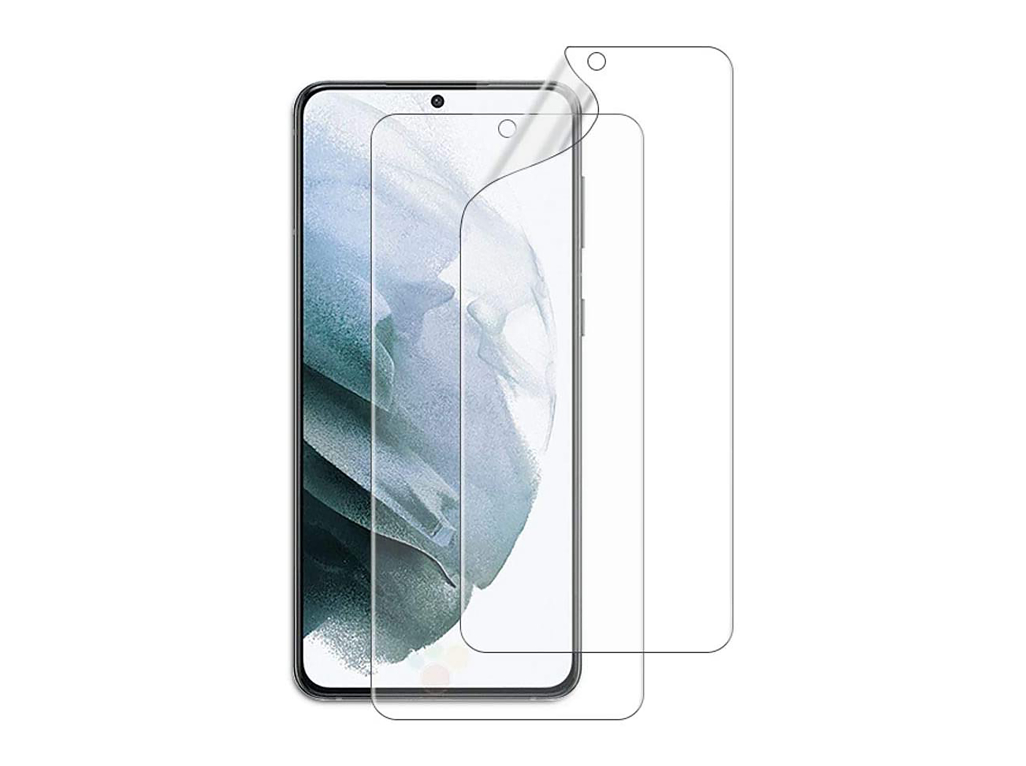 Telefon mit Displayschutzfolie, Telefon mit angebrachter Displayschutzfolie auf weißem Hintergrund.