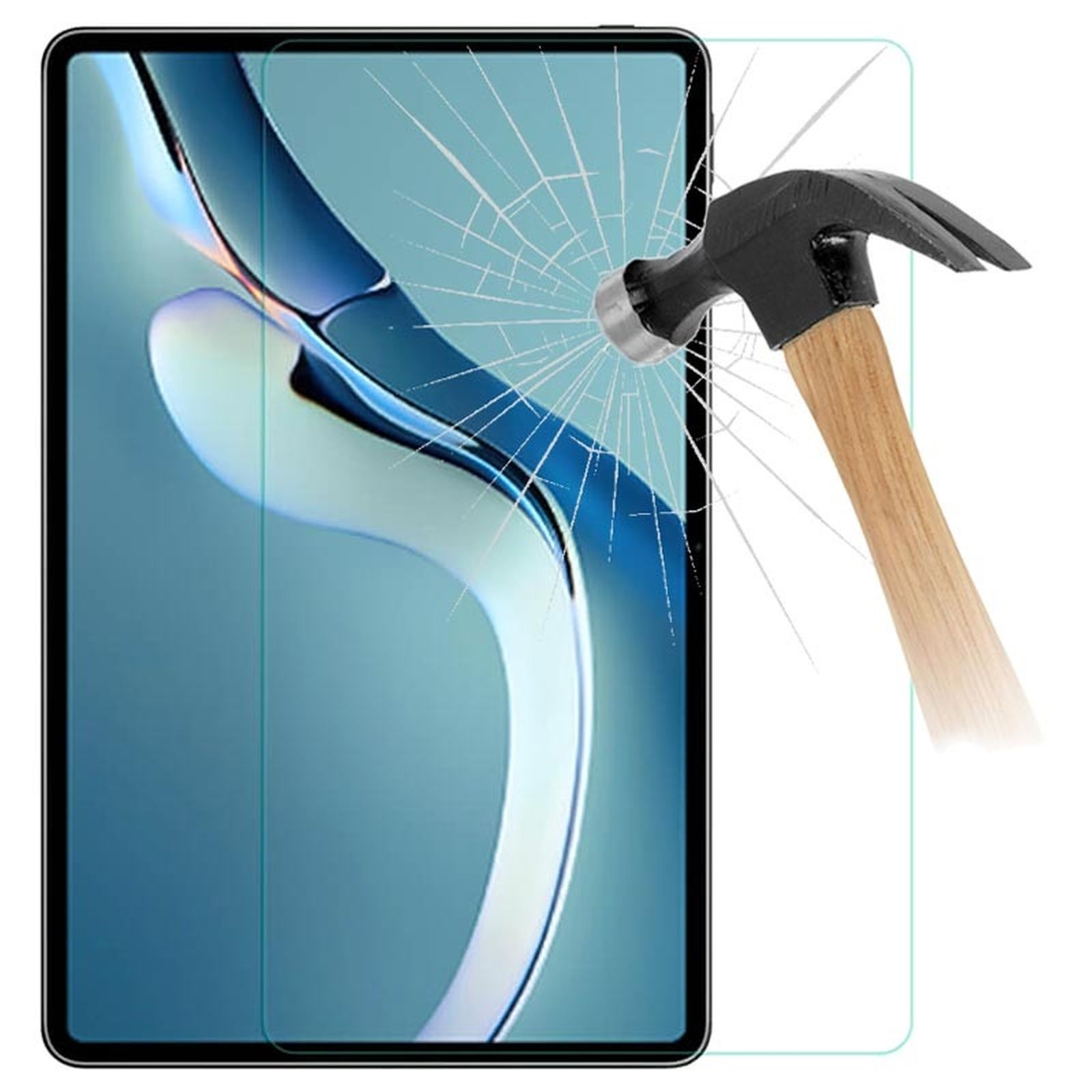 Tablet mit zerbrochenem Displayschutz, von einem Hammer getroffen. Hintergrund ist ein verschwommenes Bild.