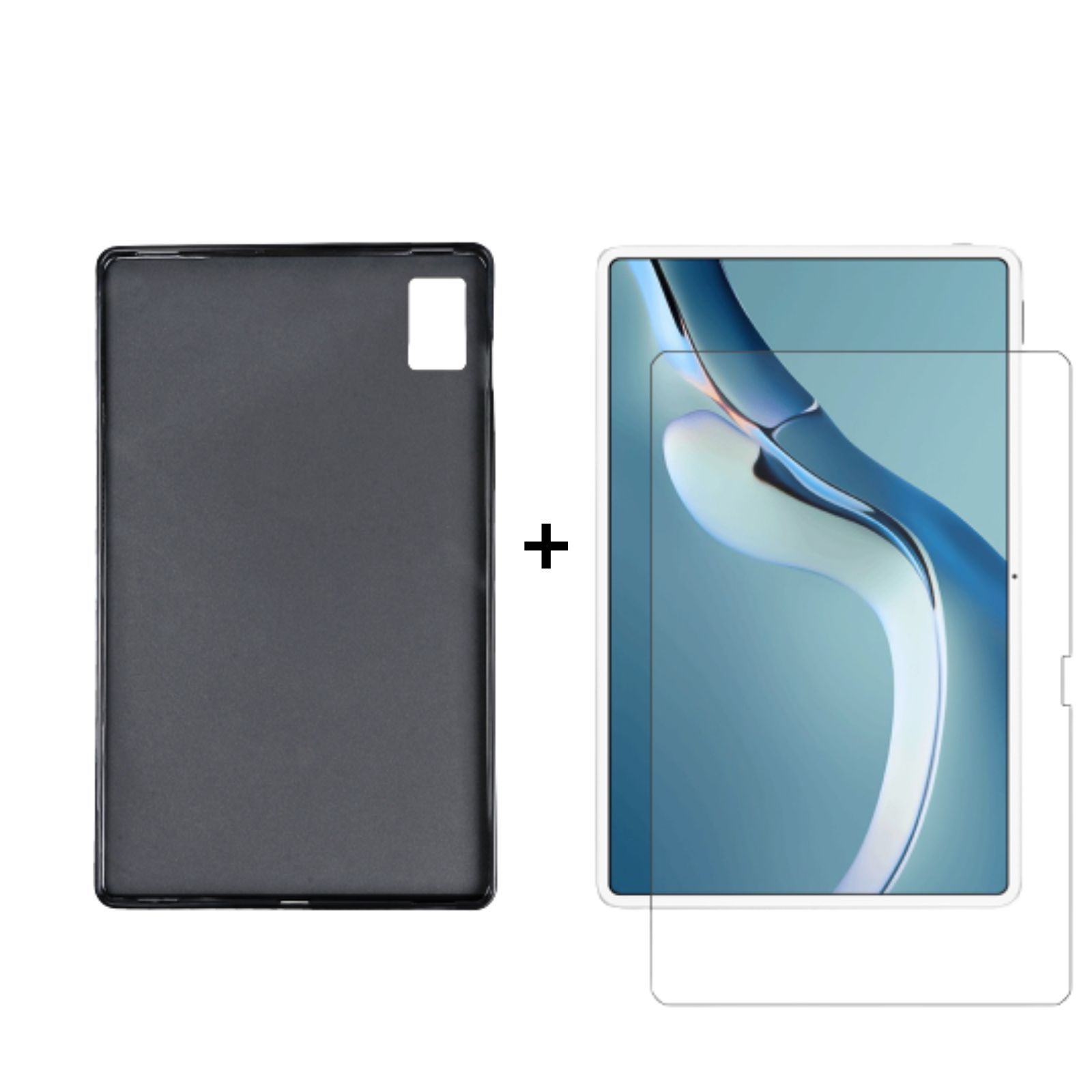 Tablethülle und Displayschutzfolie, schwarze Hülle links, Displayschutzfolie und Tablet rechts.