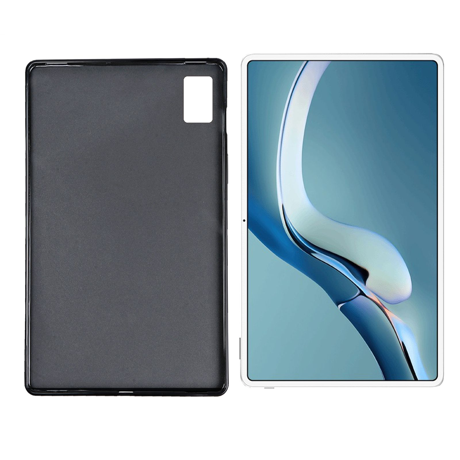 Tablet rechts, schwarze Hülle links. Weißer Hintergrund.