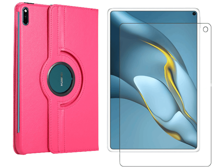 LOBWERK 2in1 Set (Schutzhülle + Schutzglas) Case Bookcover für Huawei MatePad Pro 2021 MRR-W29 10.8 Zoll Kunstleder, Pink | Tablet Bookcover