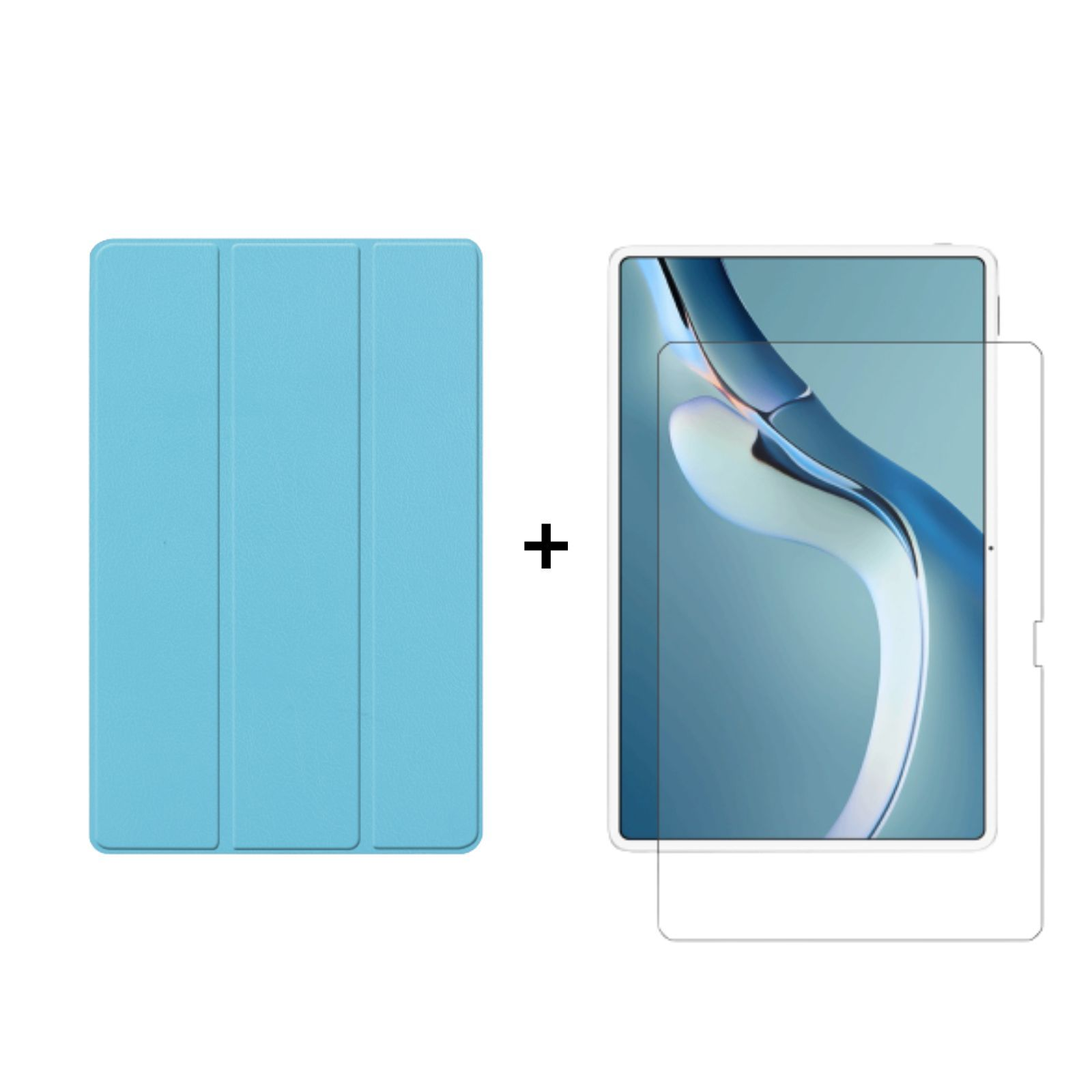 Eine hellblaue Tablethülle mit Displayschutzfolie und einem Tablet. Das Tablet ist auf der rechten Seite.