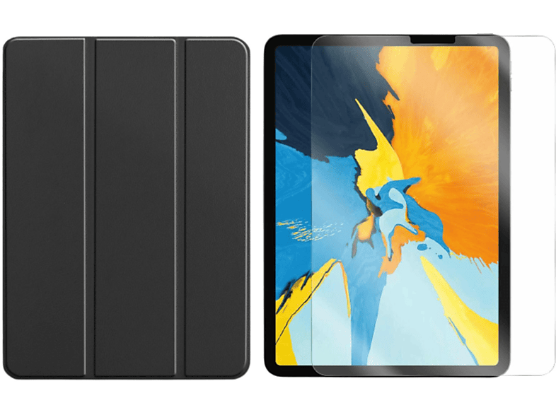 iPad Pro Kunstleder, Case 12.9 LOBWERK Schwarz 2in1 Schutzglas) Zoll 12.9 Generation Bookcover 2021 für Apple Set (Schutzhülle 5. +