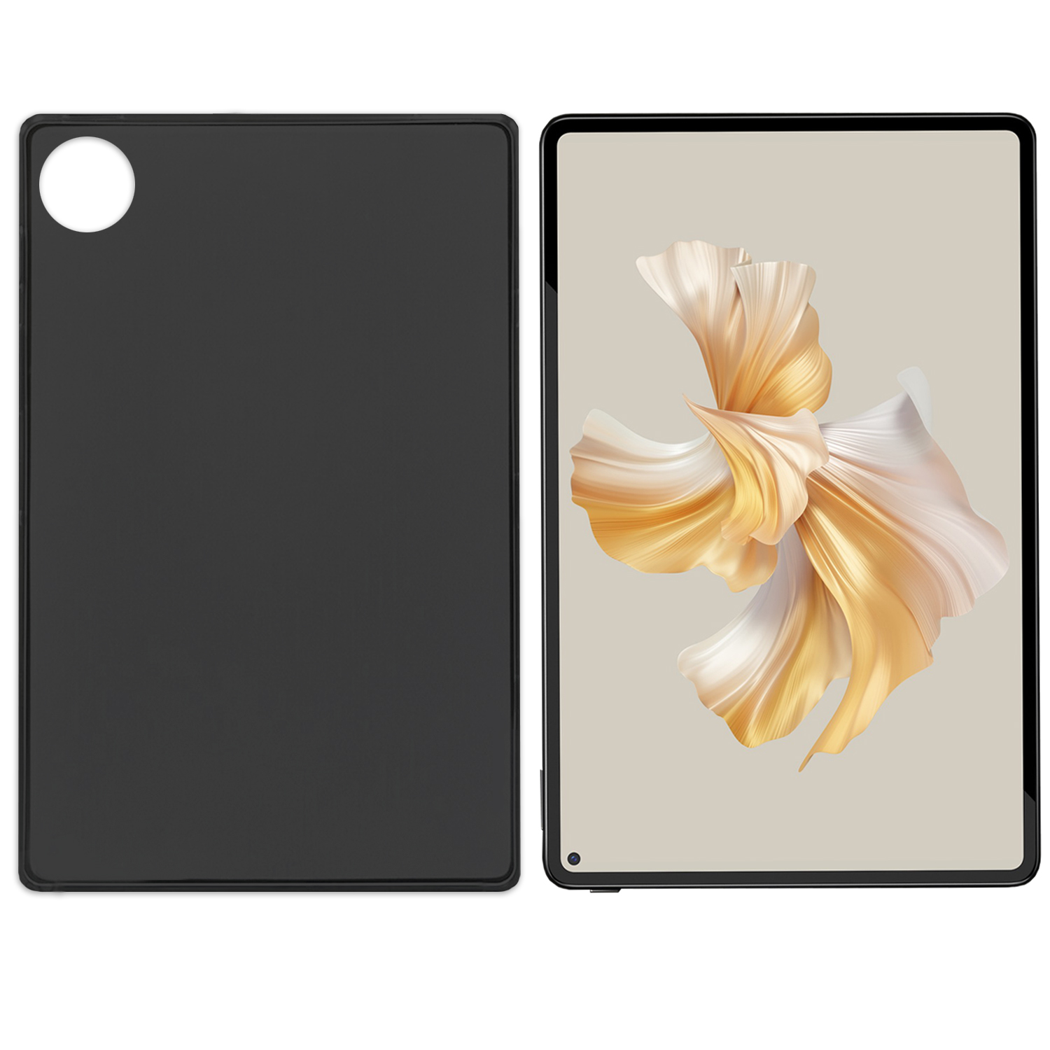 Schwarzes Tablethülle und ein Tablet mit einem floralen Bild auf dem Bildschirm.