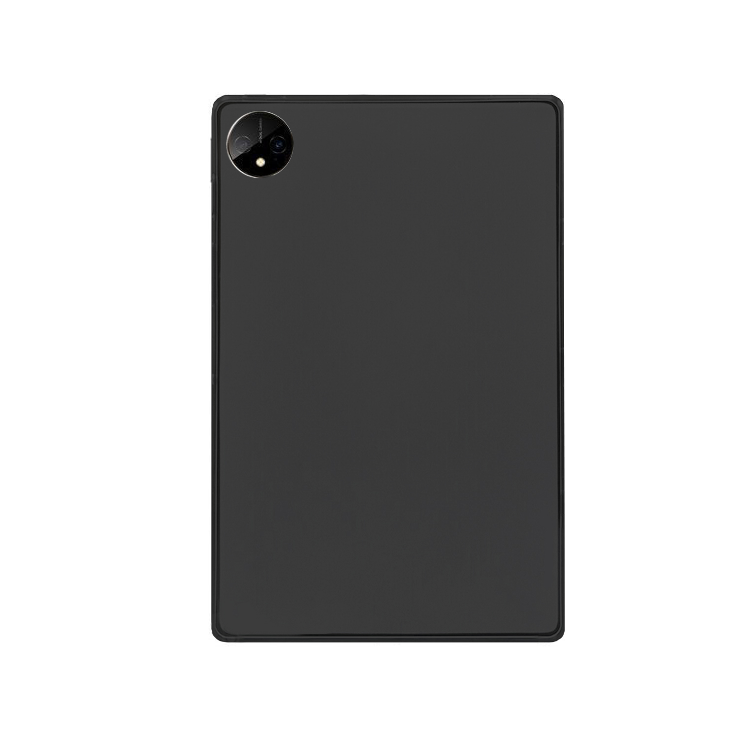 Schwarzes Tablet mit kreisförmiger Kamera. Dunkler Hintergrund, Draufsicht.