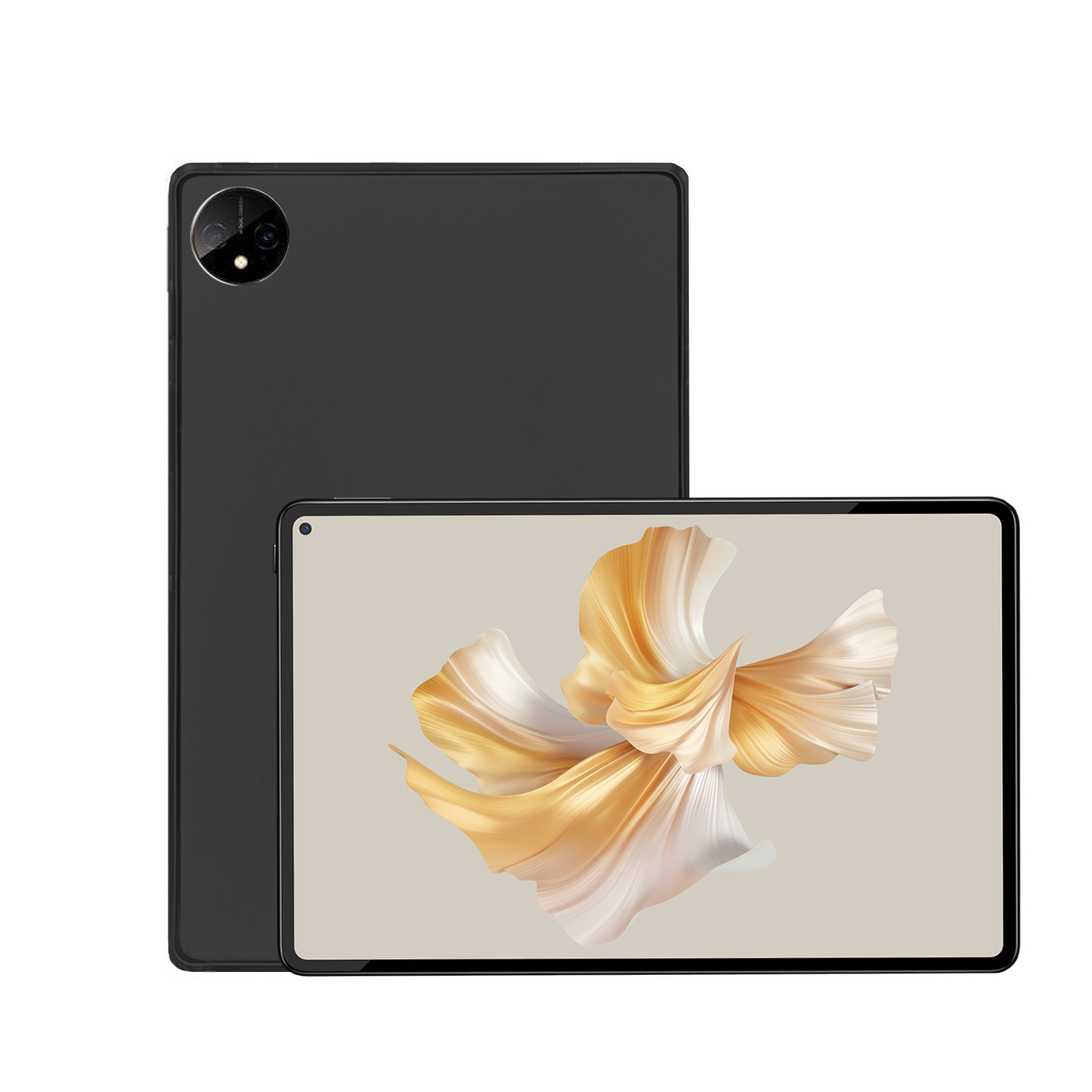 Schwarzes Tablet mit Kamera und Bildschirm mit bunter Kunst. Ein weiteres Tablet liegt davor.