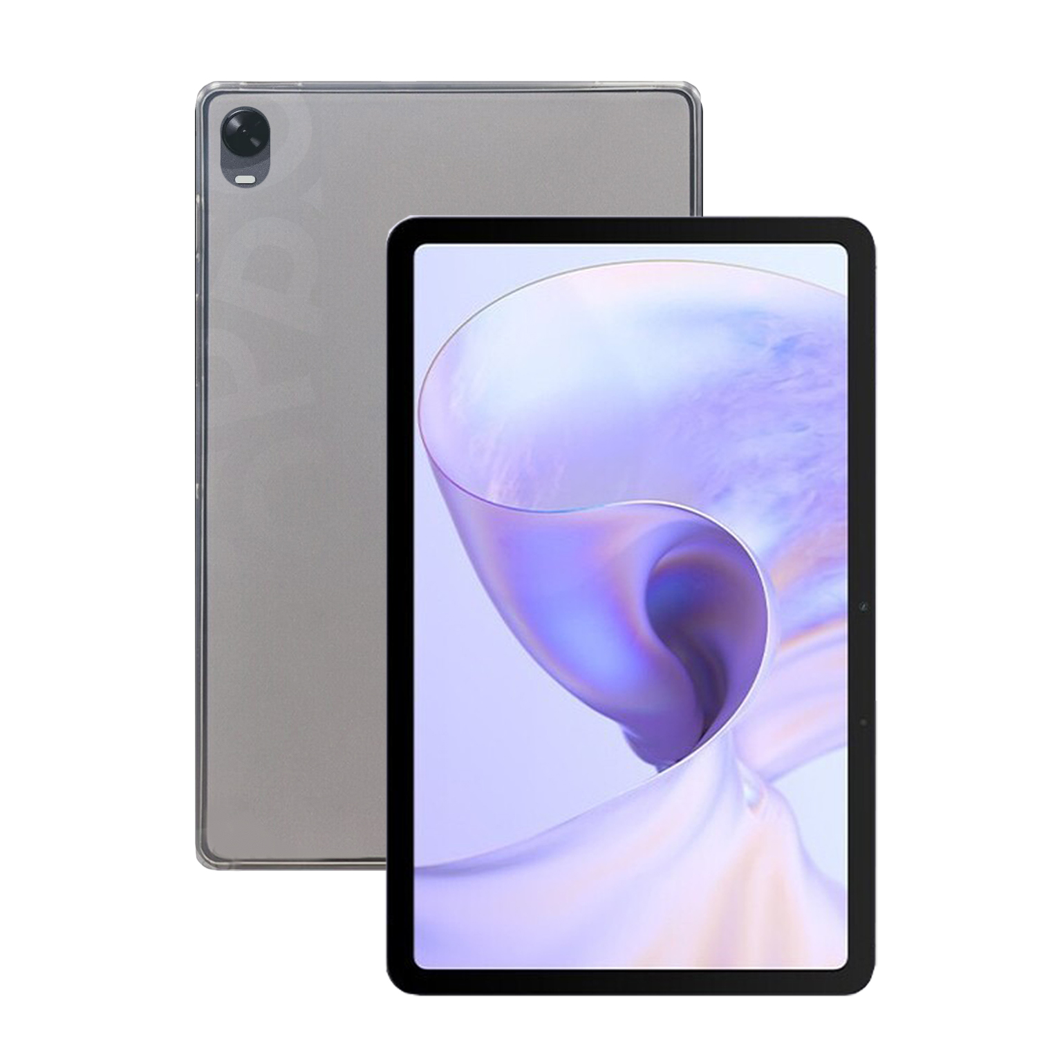 Tablet mit grauem Rücken und Display vorne. Weißer Hintergrund.
