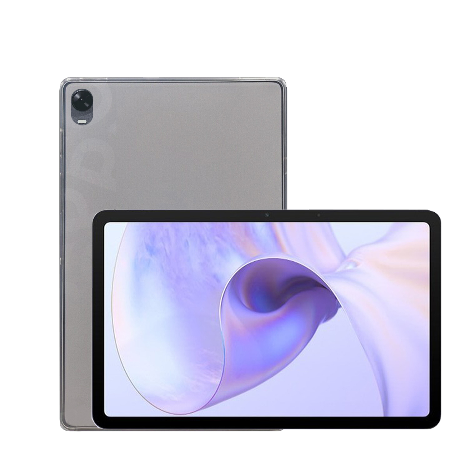 Ein silbernes Tablet auf der Rückseite und ein Tablet-Bildschirm auf der Vorderseite. Weißer Hintergrund.