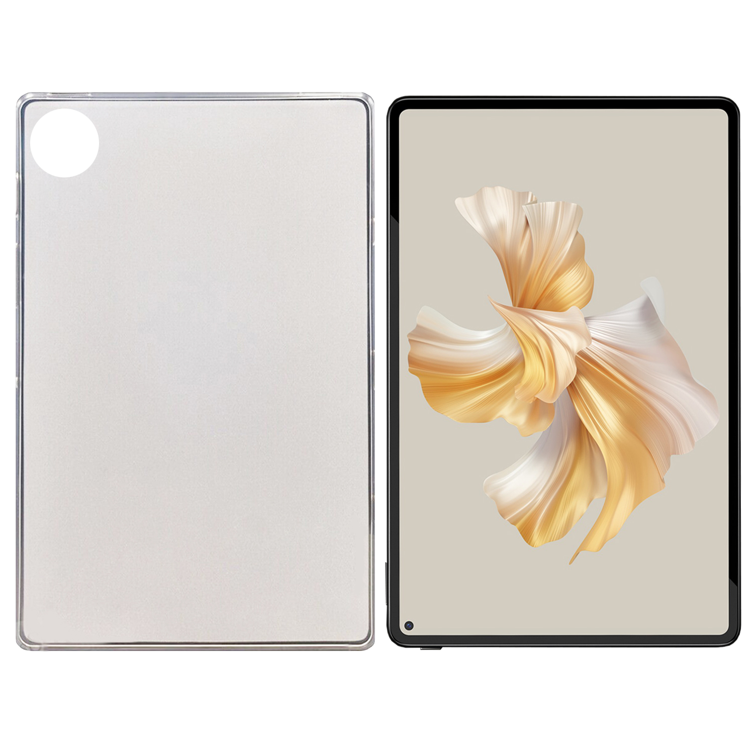 Tablet mit klarer Displayschutzfolie und einer Rückabdeckung. Der Bildschirm zeigt ein weißes und goldenes abstraktes Bild.