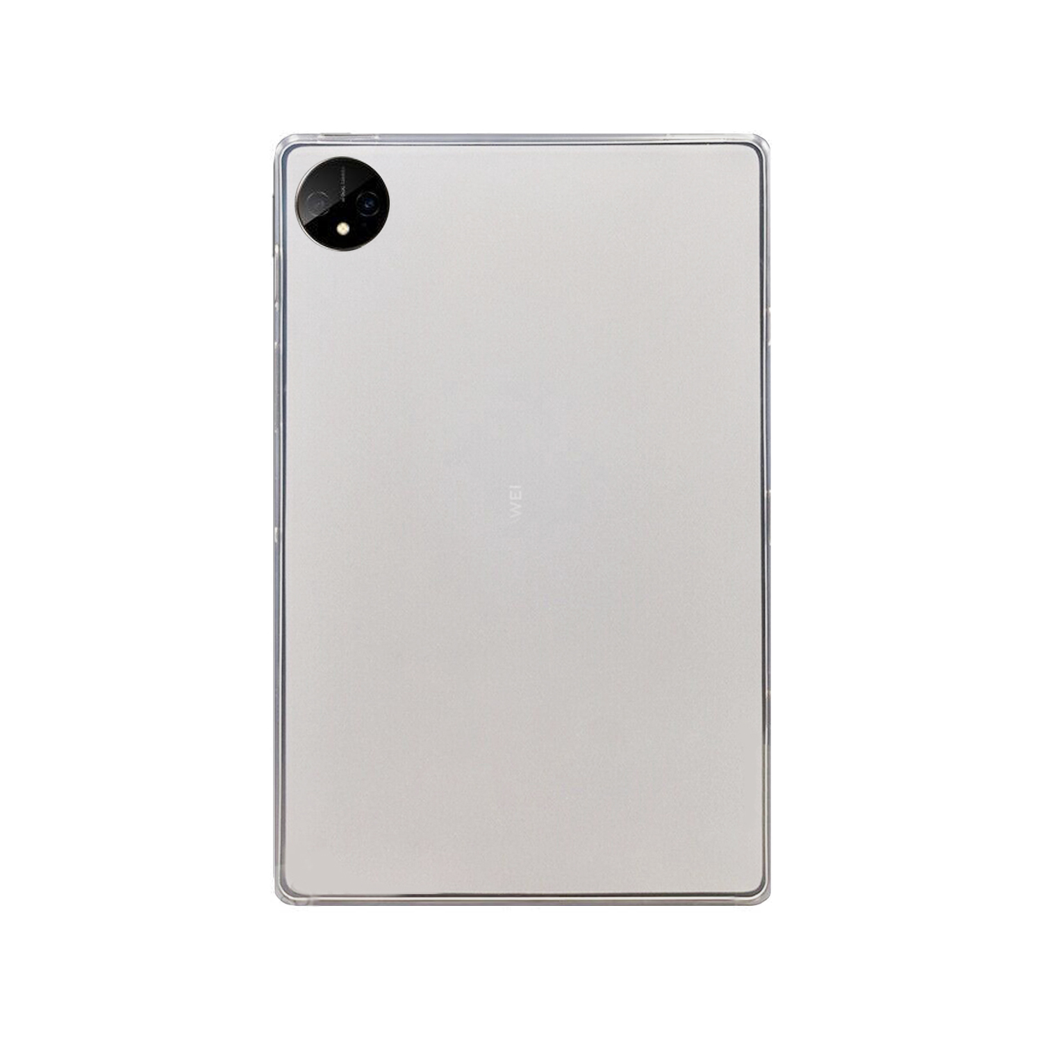 Rückseite eines silbernen Tablets mit Kamera oben links, zeigt sauberes Design.