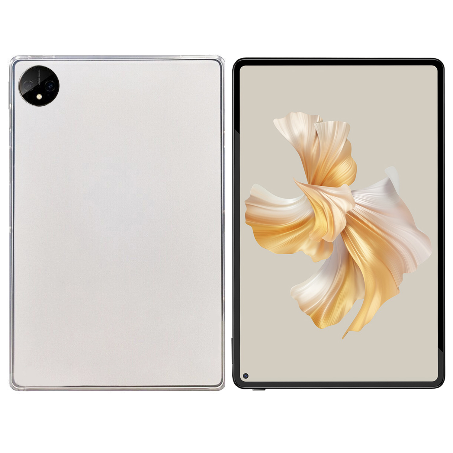 Tablet, Rückseite weiß, Vorderseite zeigt ein Blumendesign.