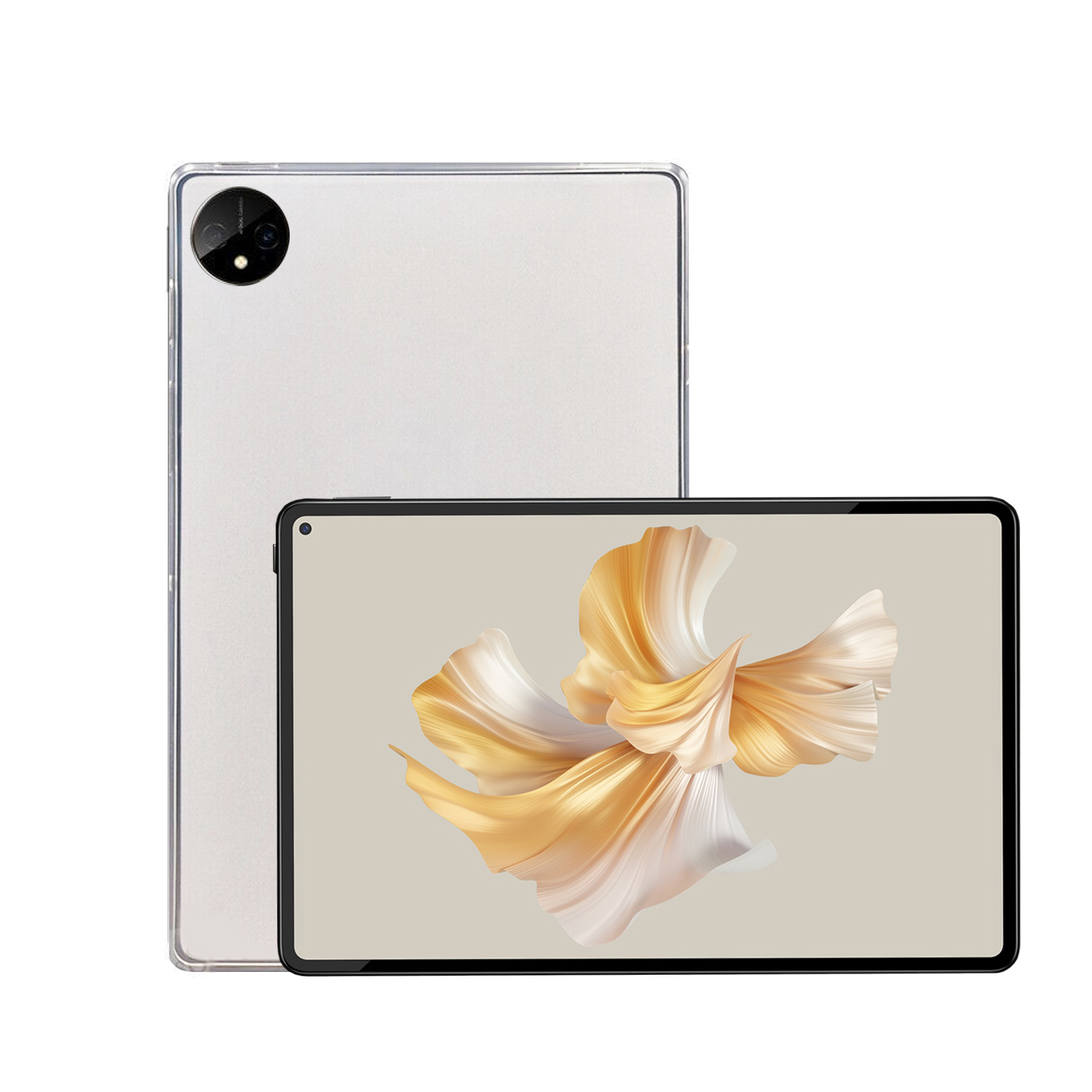 Tablet mit einem Bildschirm, der ein Blumendesign zeigt, und eine Tablet-Rückseite.