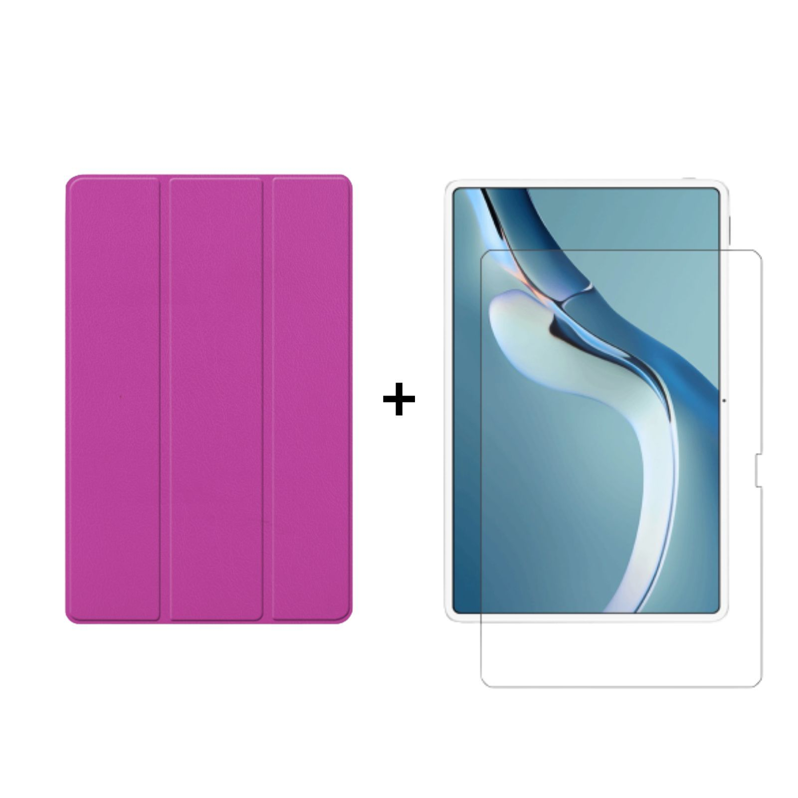 Lila Tablet-Hülle und Displayschutzfolie, Pluszeichen.