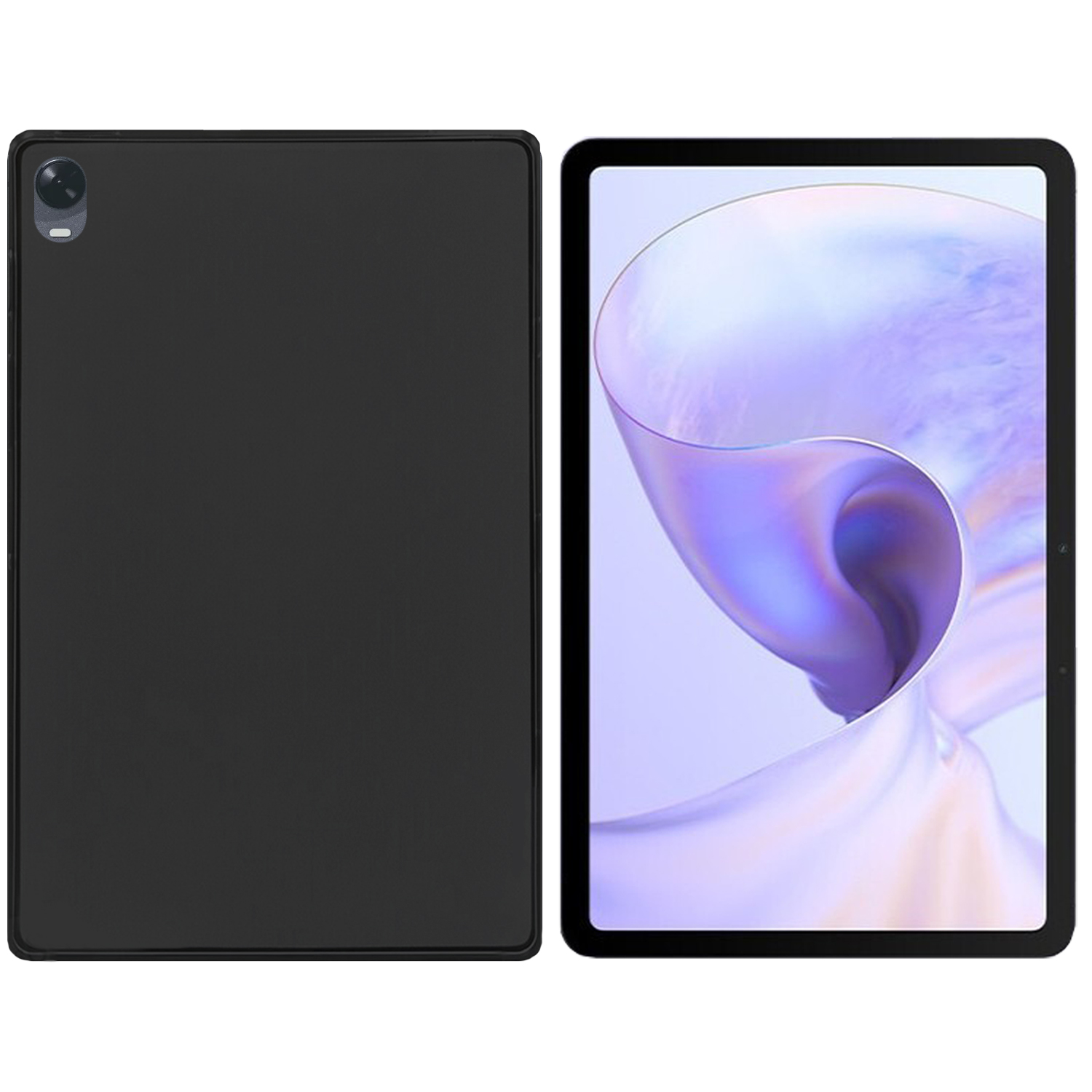Schwarzes Tablet und Hülle. Der Tablet-Bildschirm zeigt ein weißes und lila abstraktes Design.