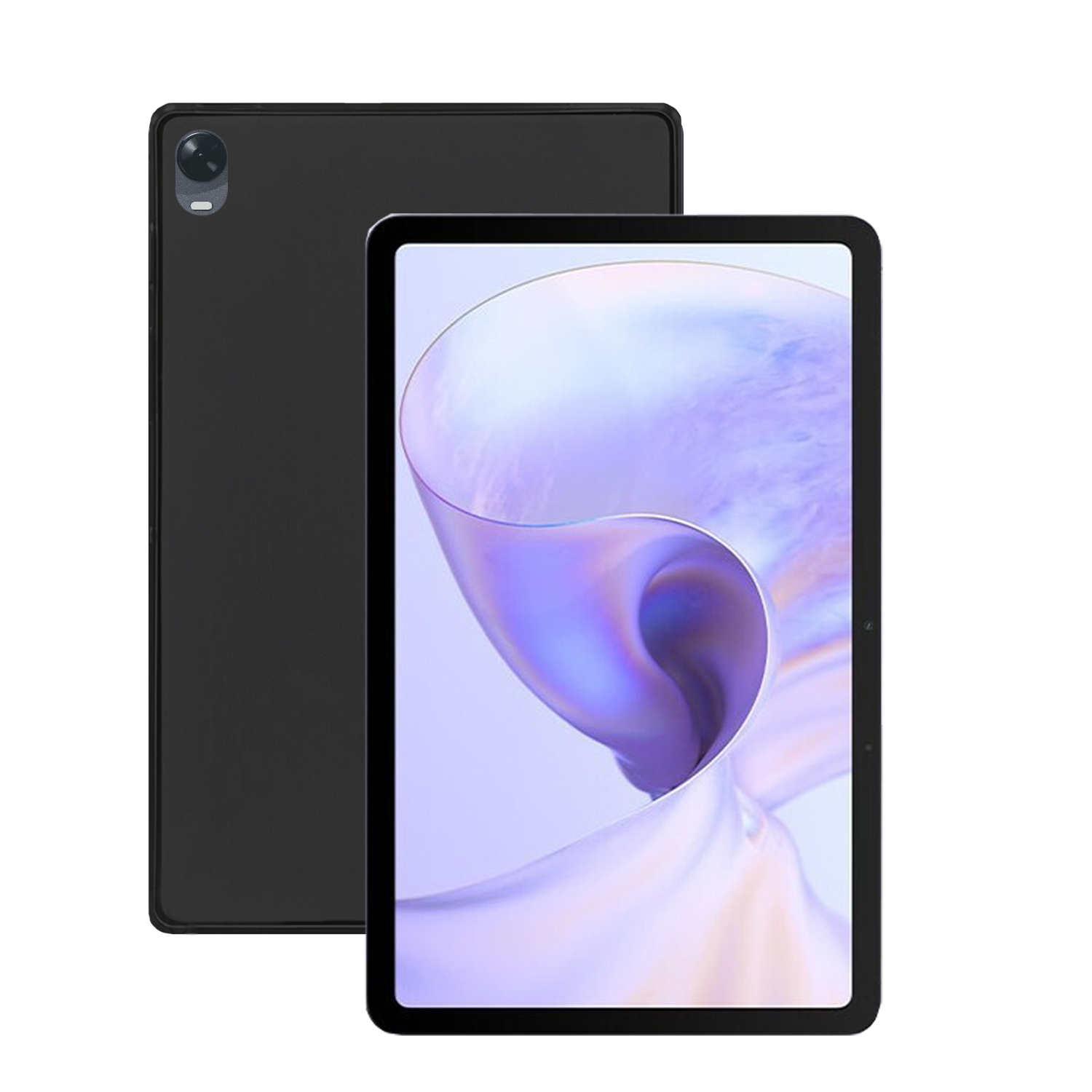 Schwarzes Tablet mit Hülle. Bildschirm zeigt Apps, Rückseite sichtbar.