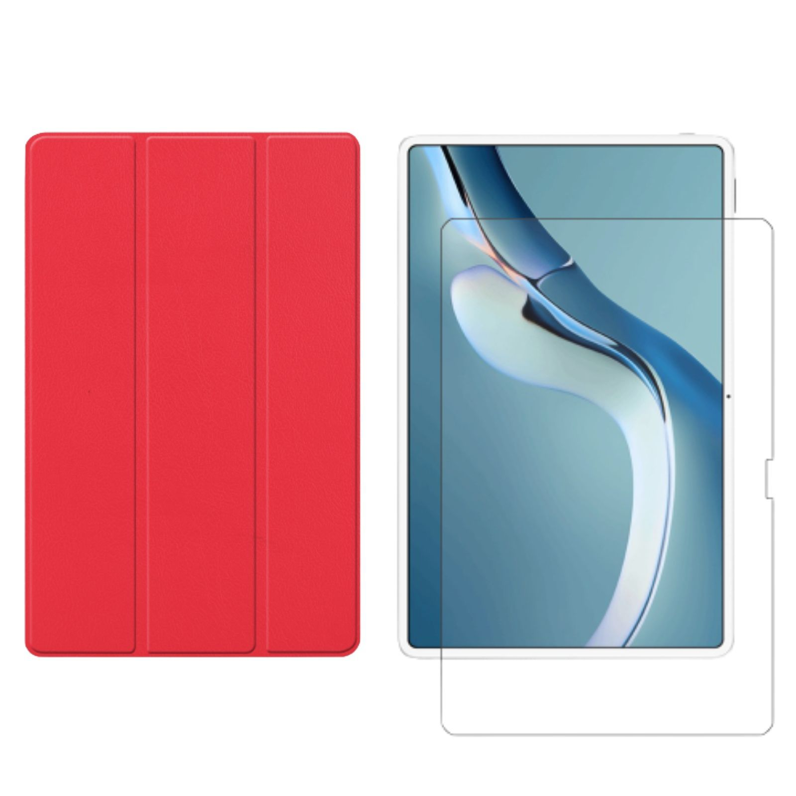 + Set (Schutzhülle Schutzglas) Huawei MatePad 12.6 2021 Zoll 2in1 Pro Rot Bookcover Case Kunstleder, für LOBWERK