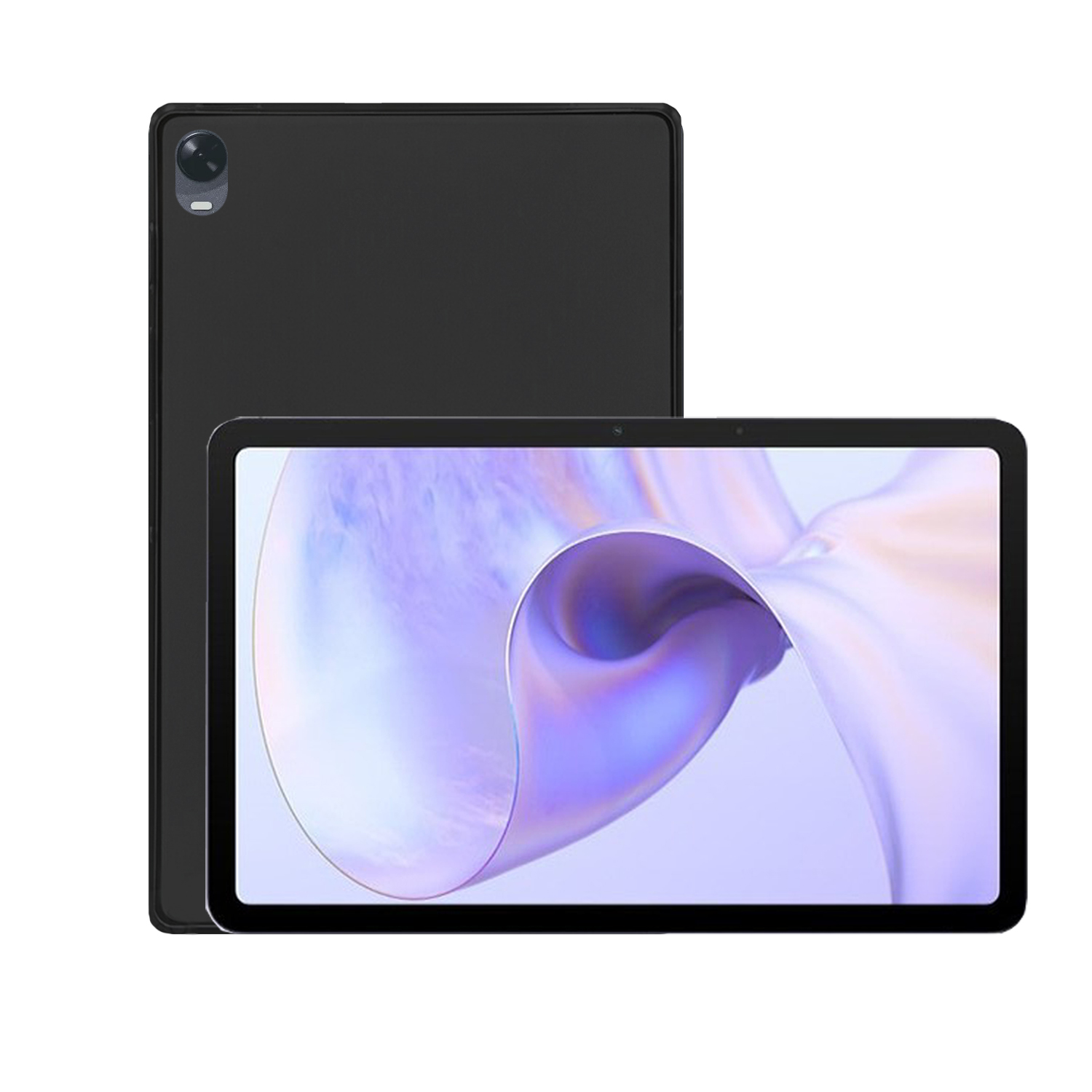 Ein schwarzes Tablet liegt auf dem Rücken. Der Bildschirm ist sichtbar, mit hellem Hintergrund.