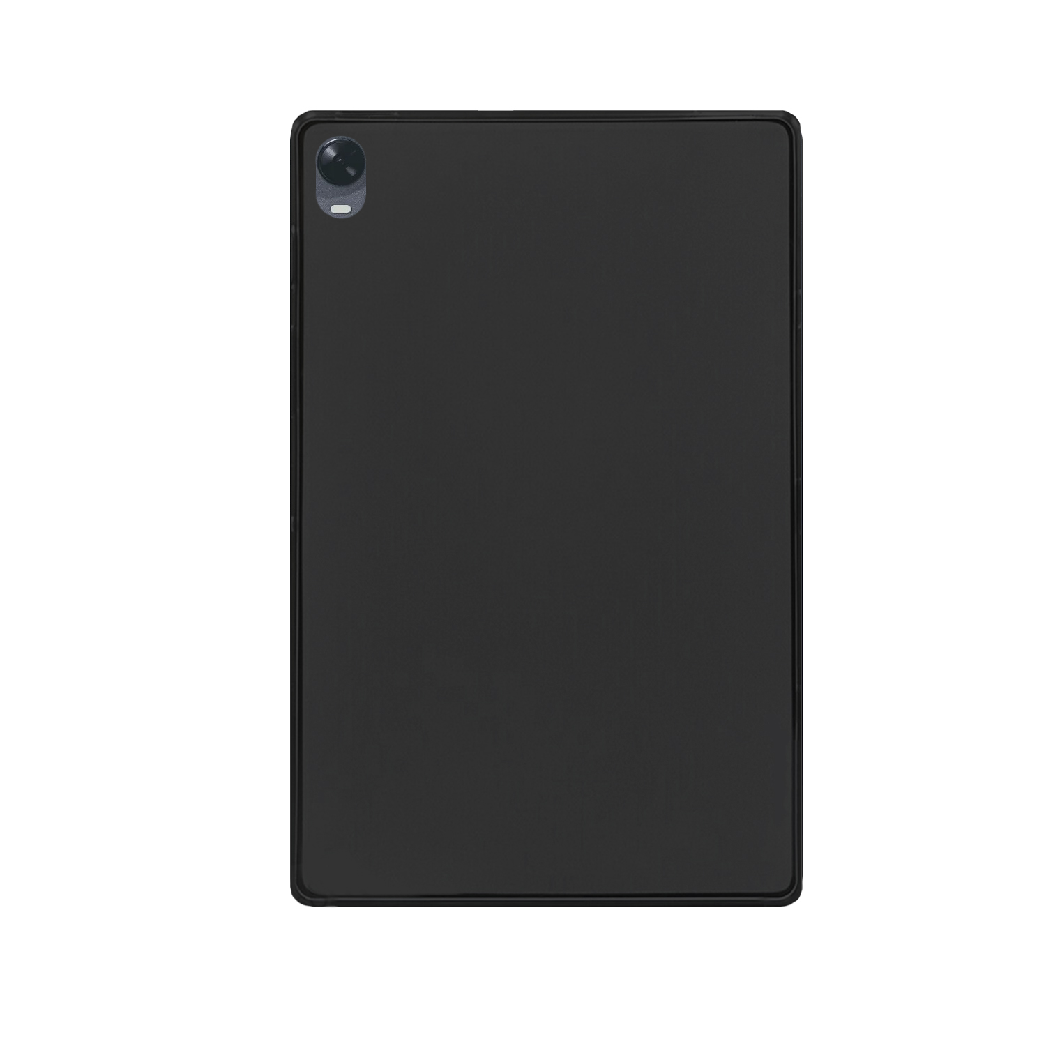 Schwarzes Tablet, Rückansicht. Einzelne Kameralinse. Schwarzer Rahmen. Weißer Hintergrund.