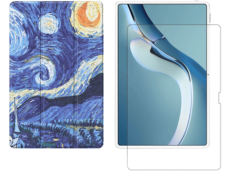 LOBWERK 2in1 Set (Schutzhülle Pro Case 2021 Kunstleder, Bookcover Mehrfarbig Zoll Schutzglas) + für Huawei MatePad 12.6