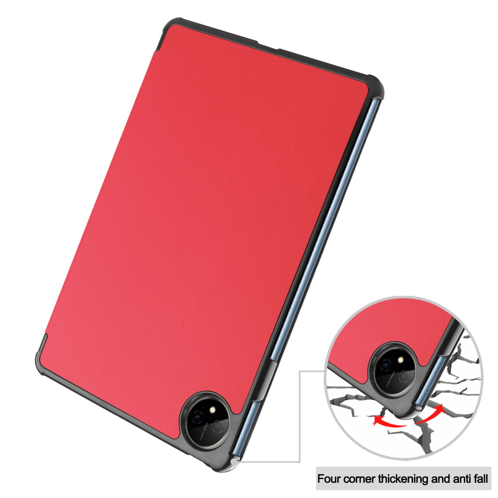 Rote Tablet-Hülle mit Eckschutz. Die Hülle ist offen mit einem Tablet darin.