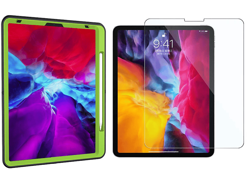 Bookcover (Schutzhülle Kunststoff, 2018 iPad Pro Zoll 12.9 für Schutzhülle 2020 Schutzglas) + Grün 12.9 LOBWERK 2in1 Apple Set