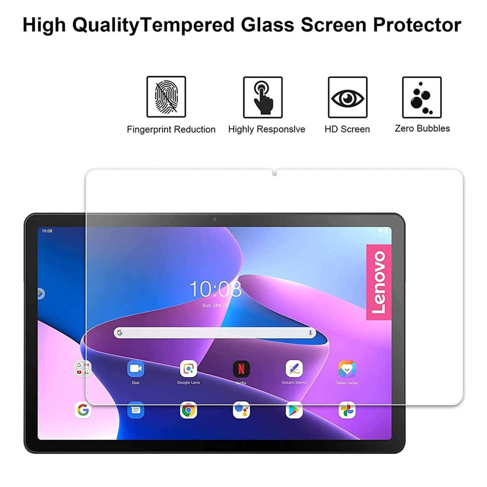 Tablet und Displayschutz mit Textlabels: Fingerabdruckreduzierung, reaktionsschnell, HD, keine Blasen.