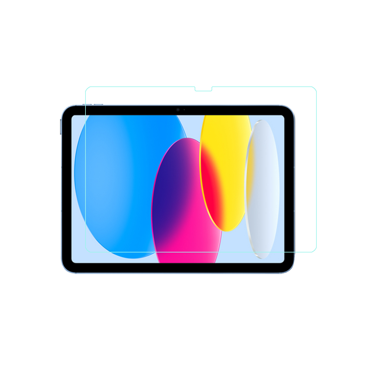 Tablet mit Displayschutzfolie. Das Display zeigt ein farbenfrohes Design.