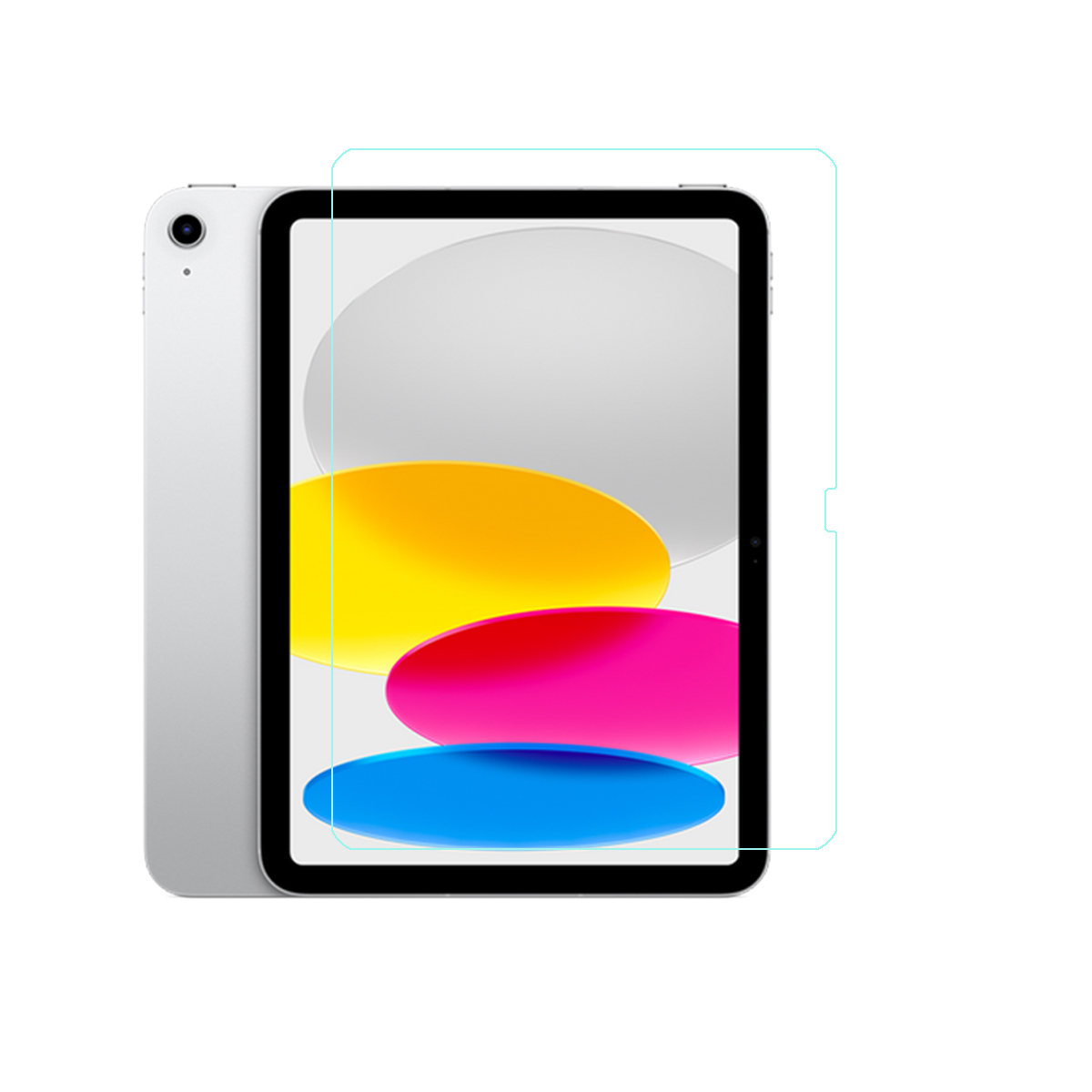 Weißes Tablet mit Displayschutz. Der Bildschirm zeigt bunte Formen. Der Hintergrund ist weiß.