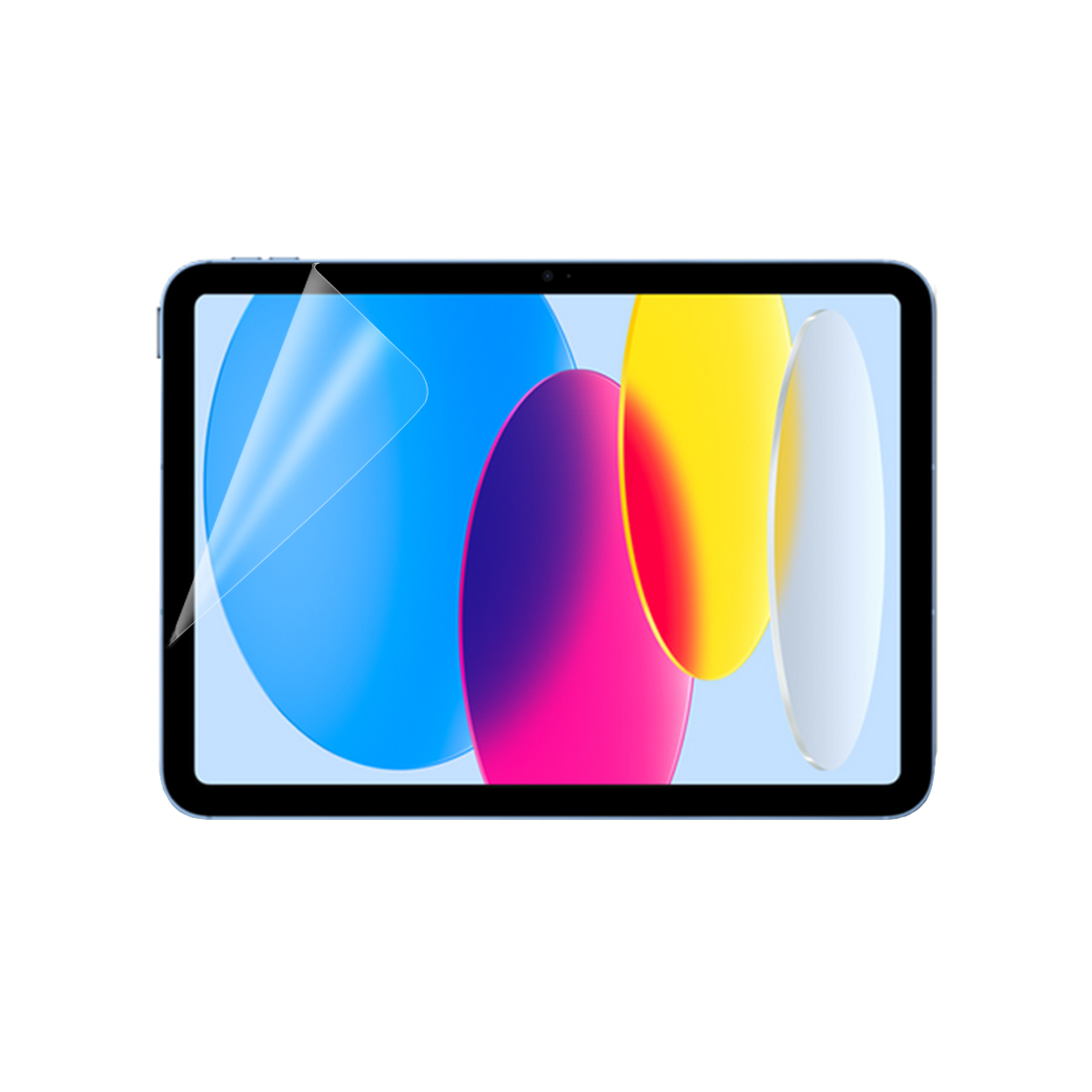 Blaues Tablet mit farbenfroher Displayschutzfolie. Die Displayschutzfolie hat gelbe, blaue und weiße Farben.