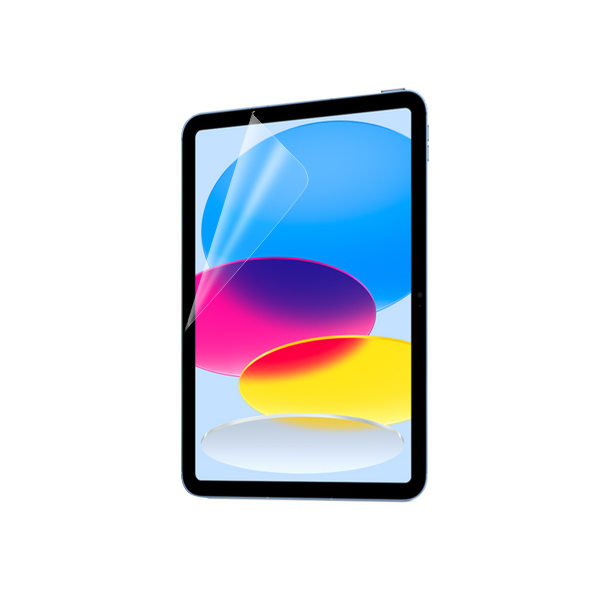 Ein Tablet mit angebrachter Displayschutzfolie. Abstrakte bunte Formen sind durch die Folie sichtbar.