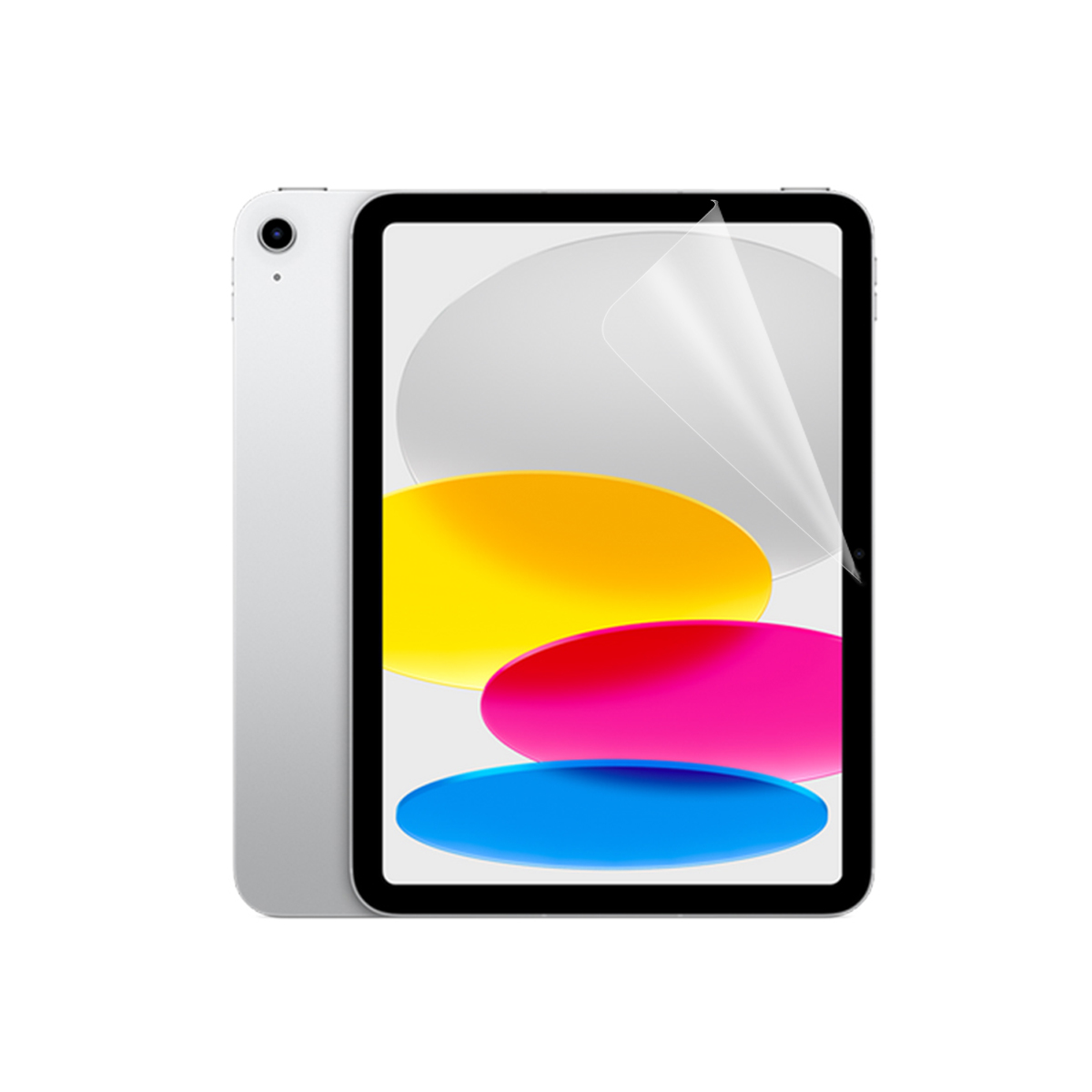 Silbernes Tablet mit weißem Bildschirmschutz. Gelbe, rosa und blaue Farben auf dem Bildschirm.