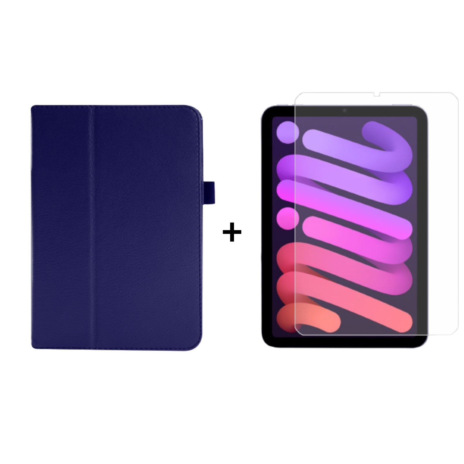 Tablet und Hüllen-Set. Das Tablet ist schwarz, mit Displayschutzfolie. Die Hülle ist blau.