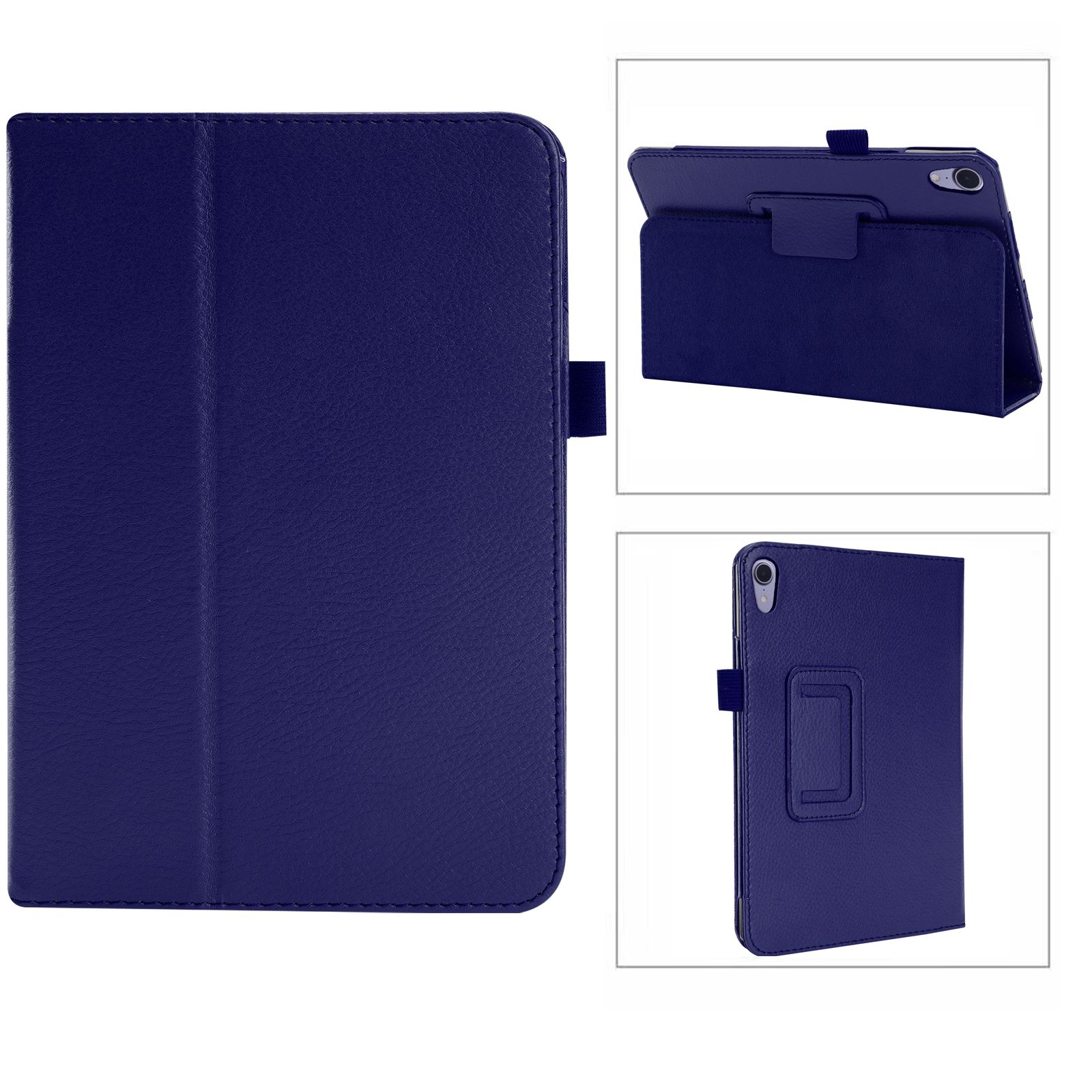 Blaue Tablet-Hülle, geöffnet. Die Hülle hat einen Verschluss und kann als Ständer verwendet werden.