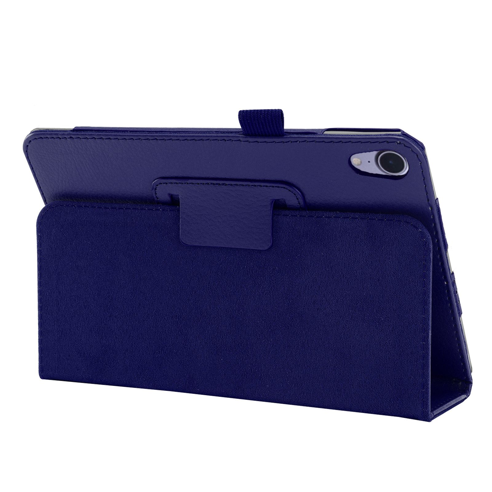 Marineblaue Tablet-Hülle, geöffnet, zeigt das Tablet. Dunkelblauer und weißer Hintergrund.