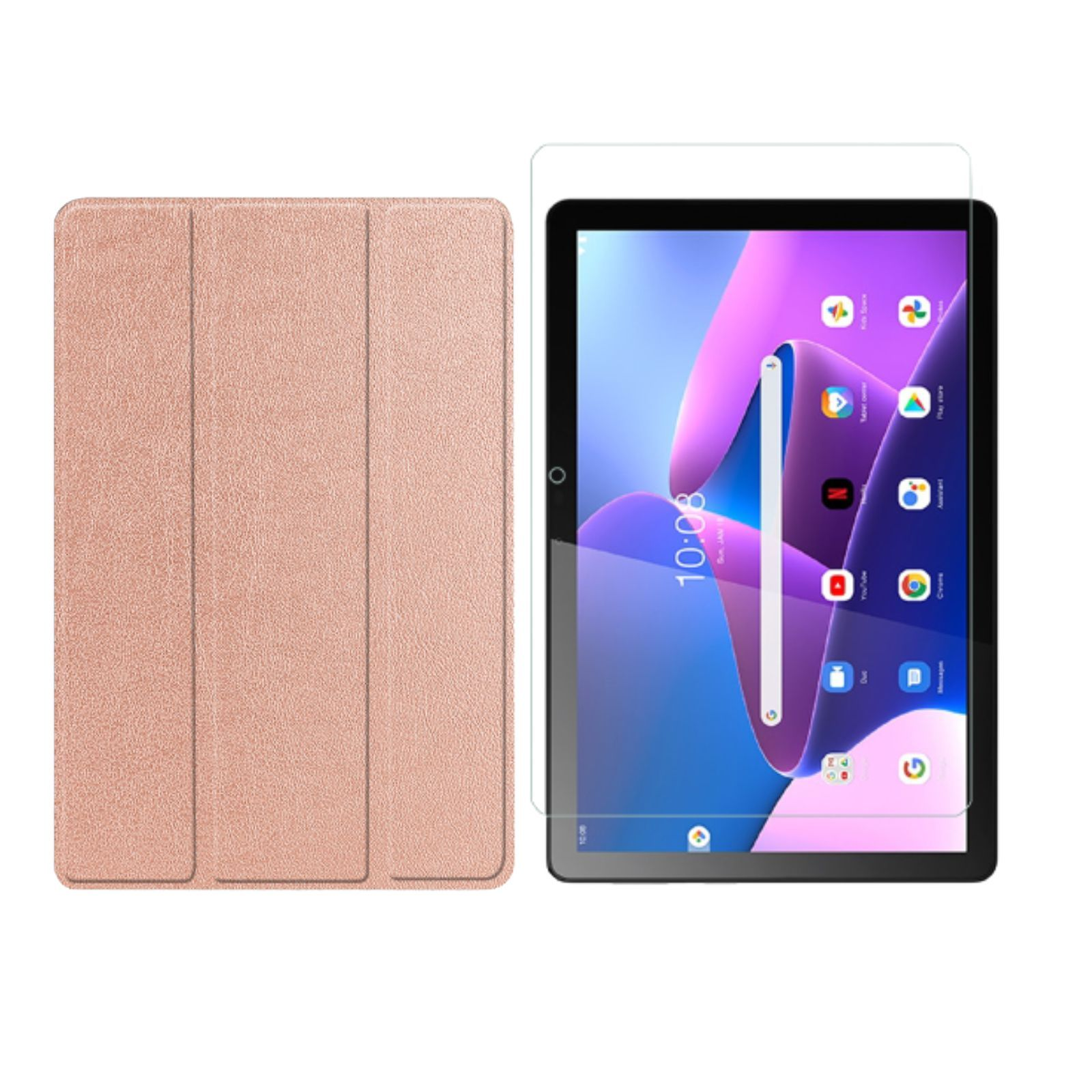 Tablet mit Displayschutz und rosa Hülle.