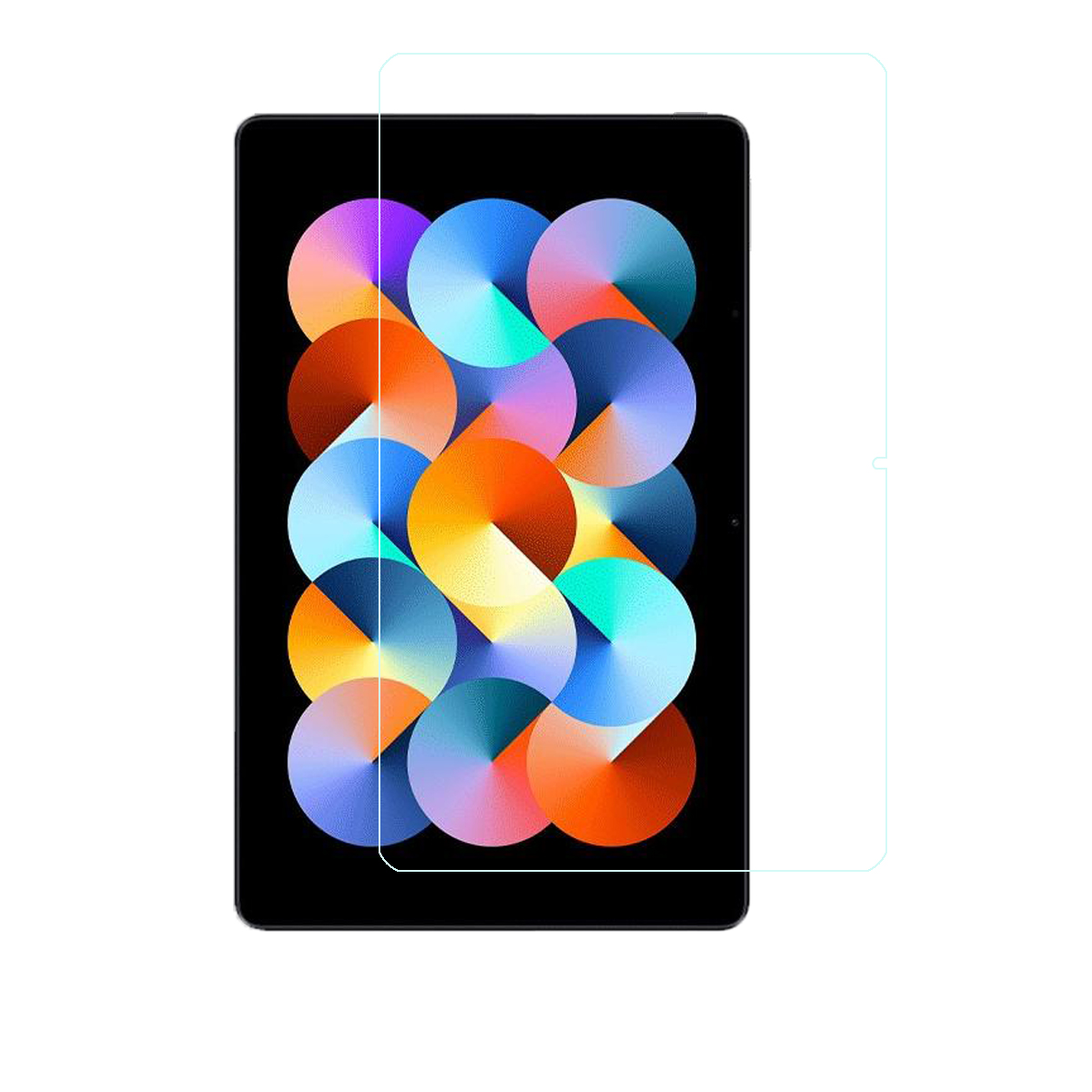 Ein Tablet mit buntem, abstraktem Hintergrund und einem Displayschutz.