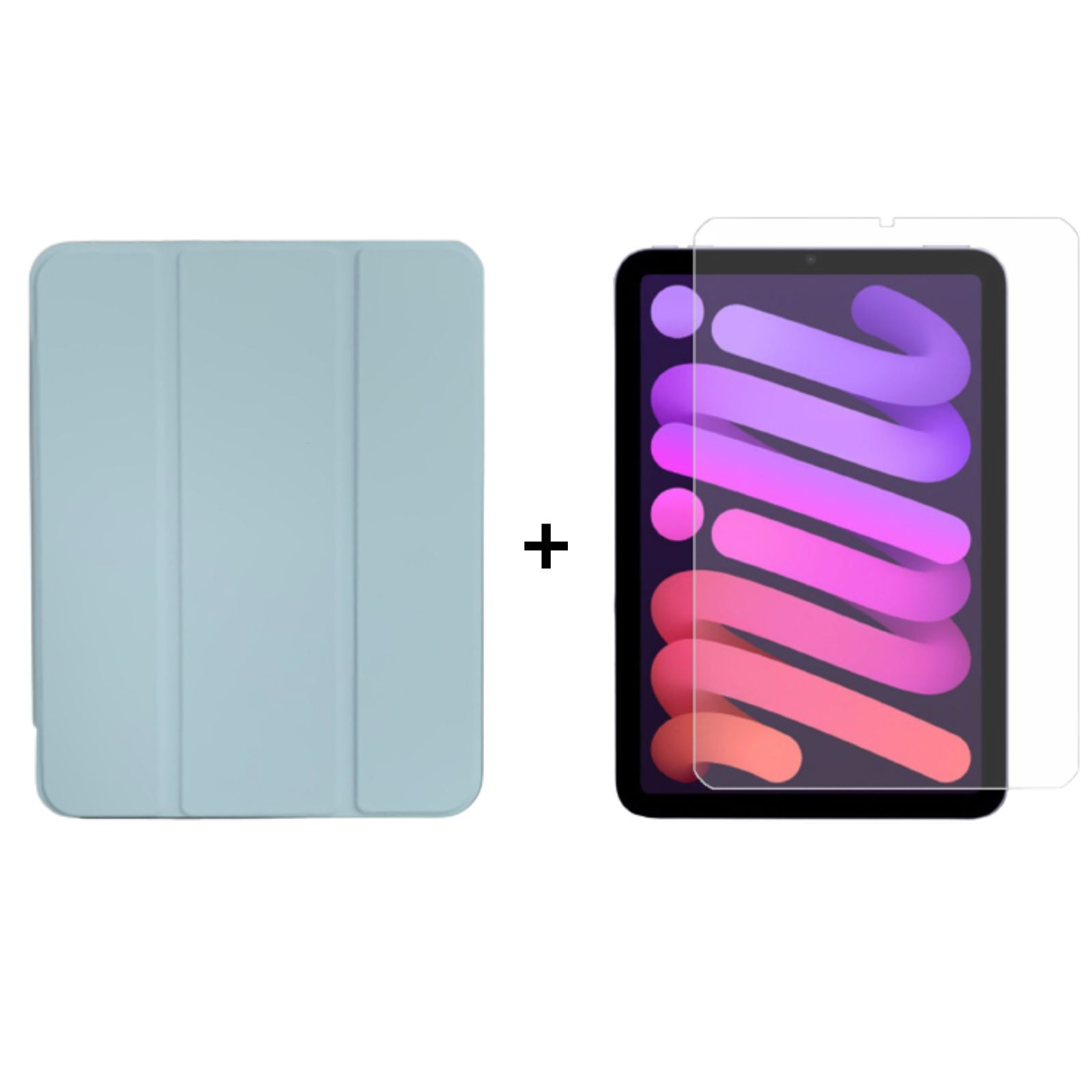 Tablet-Hülle und Displayschutz. Blaue Hülle und Tablet mit Displayschutz.