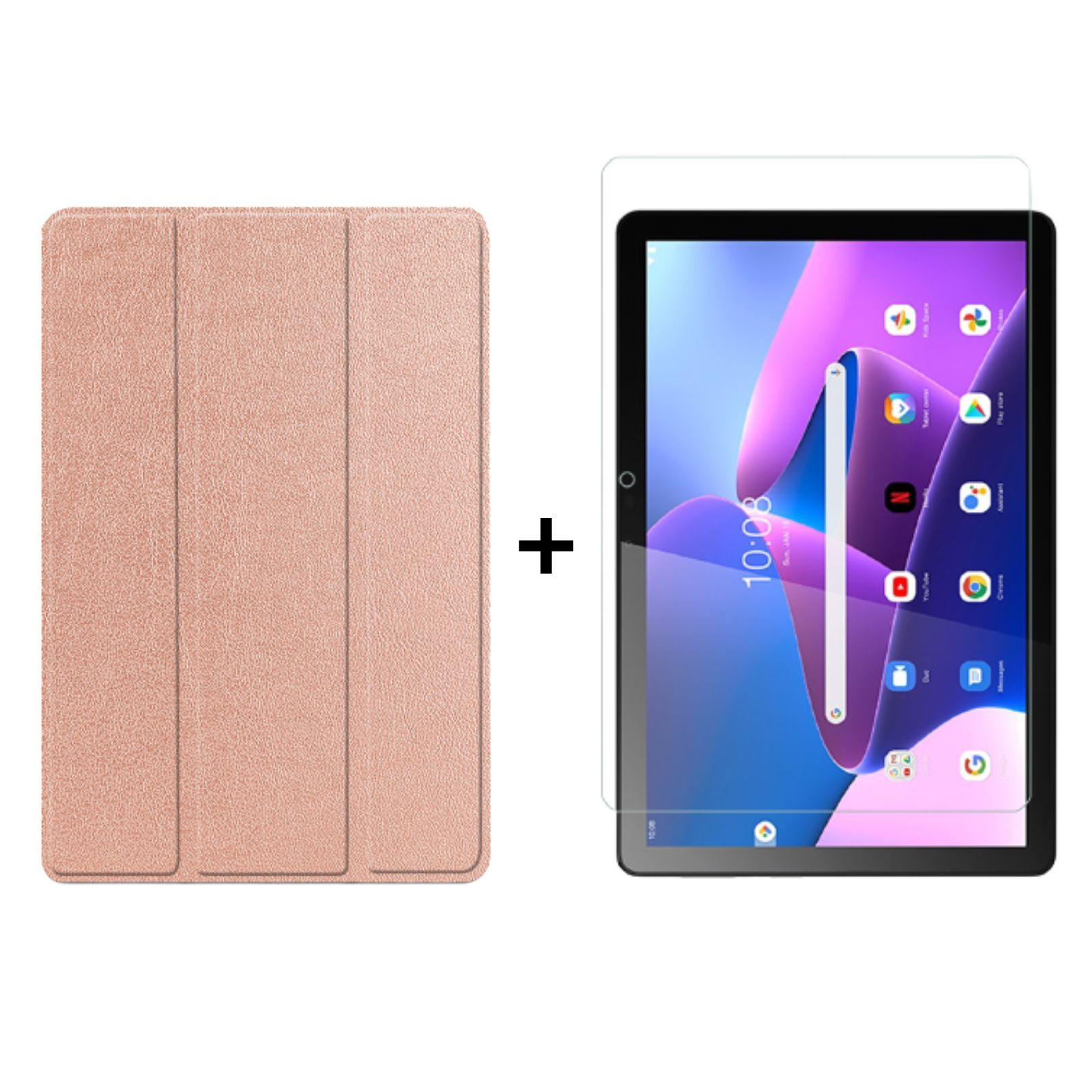 Ein Tablet und eine Displayschutzfolie, eine Tablethülle. Die Hülle ist roségoldfarben.
