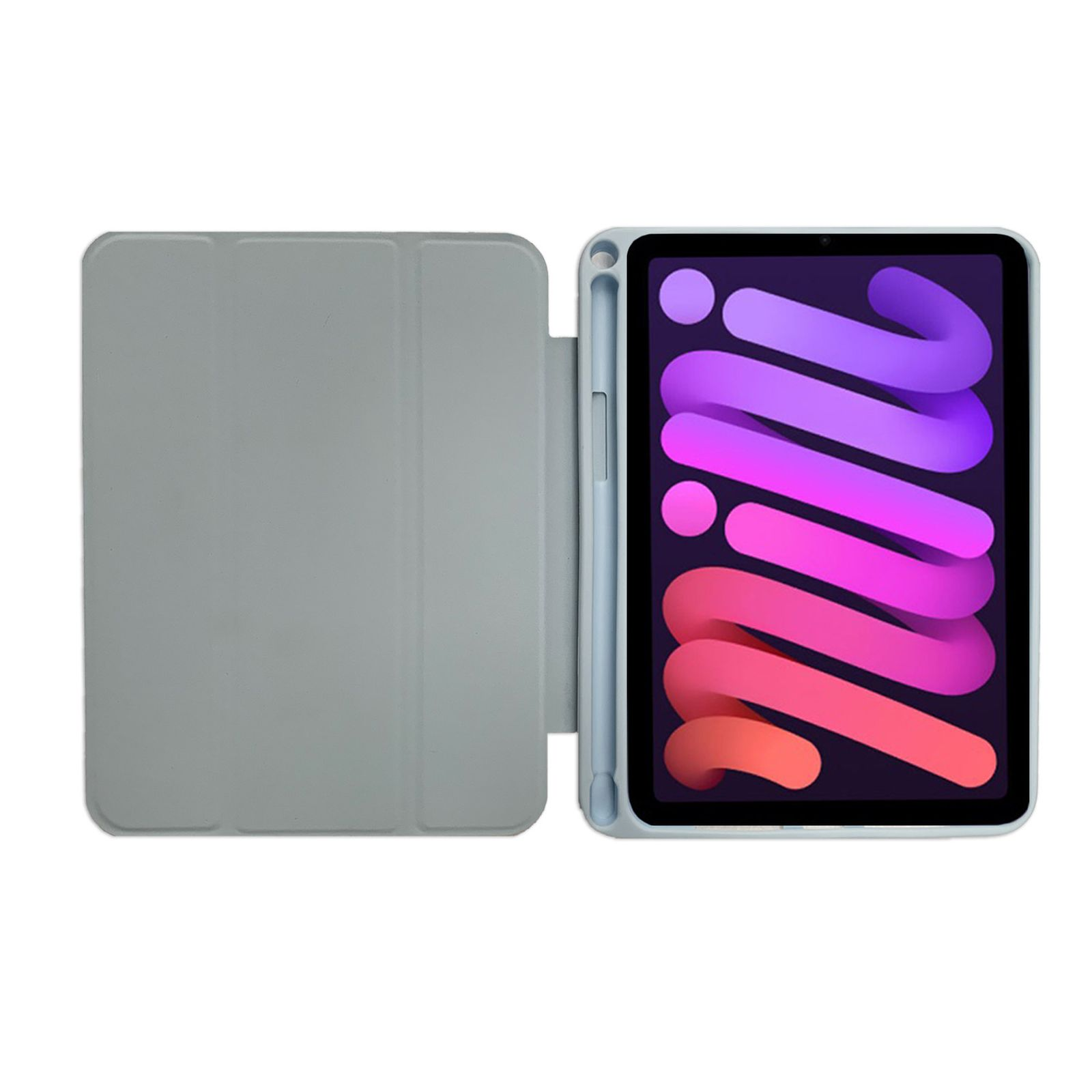 Ein Tablet in einer hellblauen Hülle mit eingesetztem Stift.