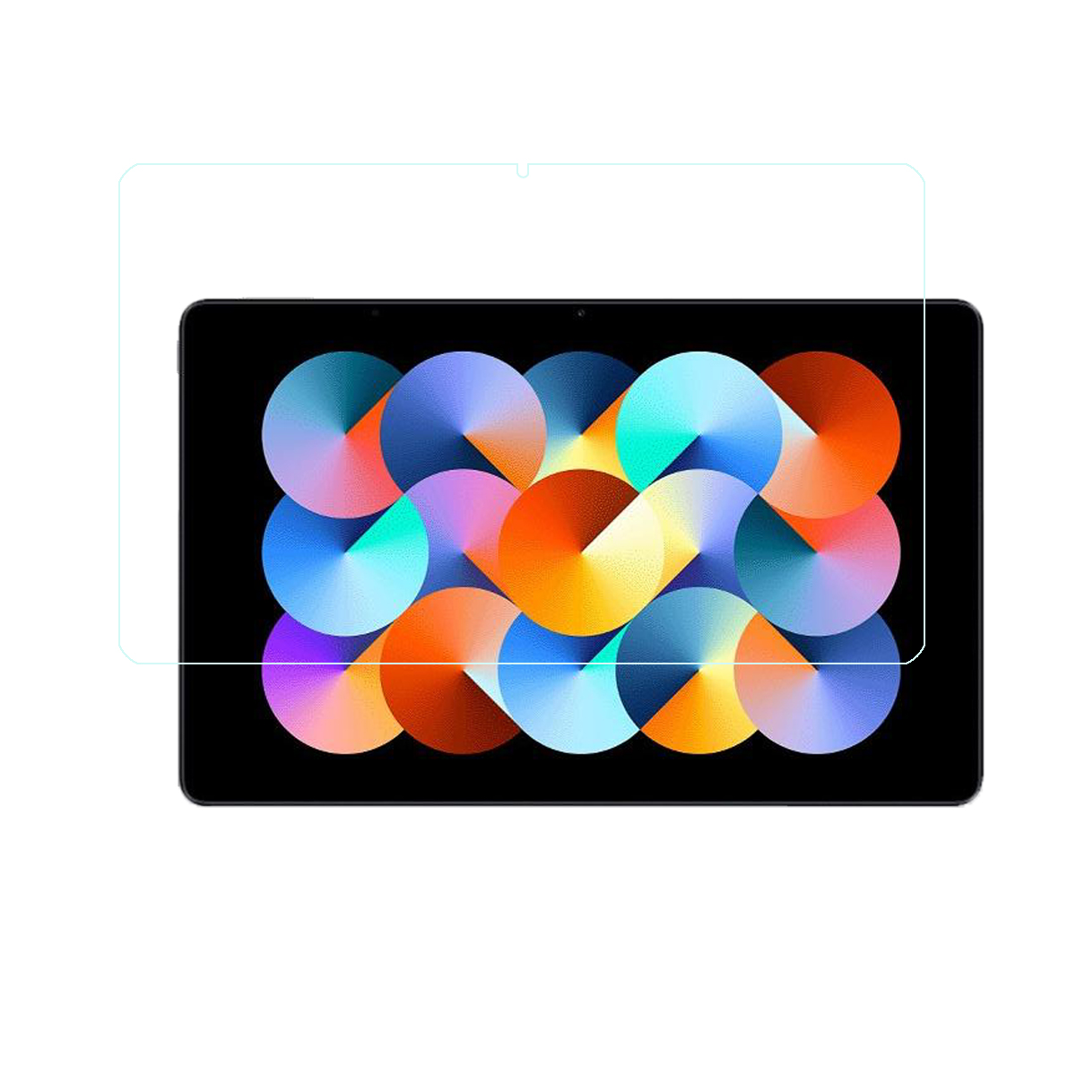 Tablet mit Displayschutzfolie oben drauf. Der Bildschirm zeigt bunte Kreise auf schwarzem Hintergrund.