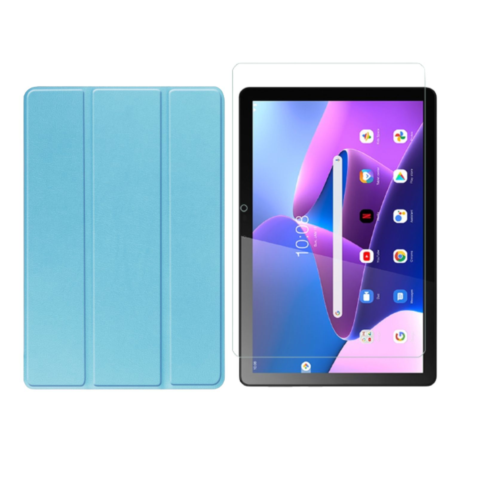 Blaue Tablet-Hülle, mit Tablet-Bildschirm und Abdeckung. Hülle hellblau, mit Abdeckung.
