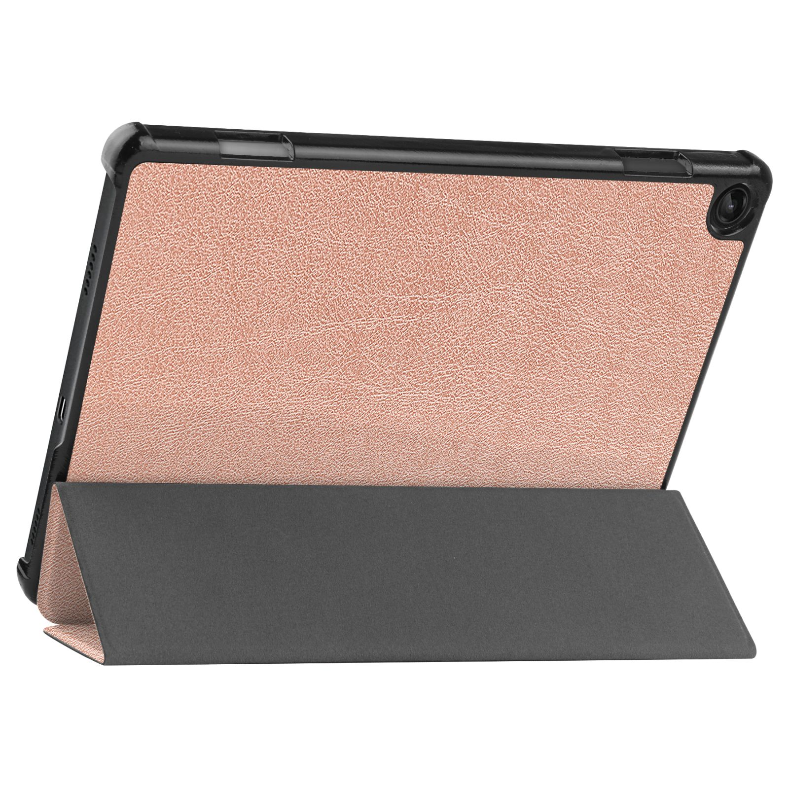 Ein Tablet in einer Hülle, geöffnet und aufgestellt. Die Hülle ist rosafarben und das Tablet ist schwarz.