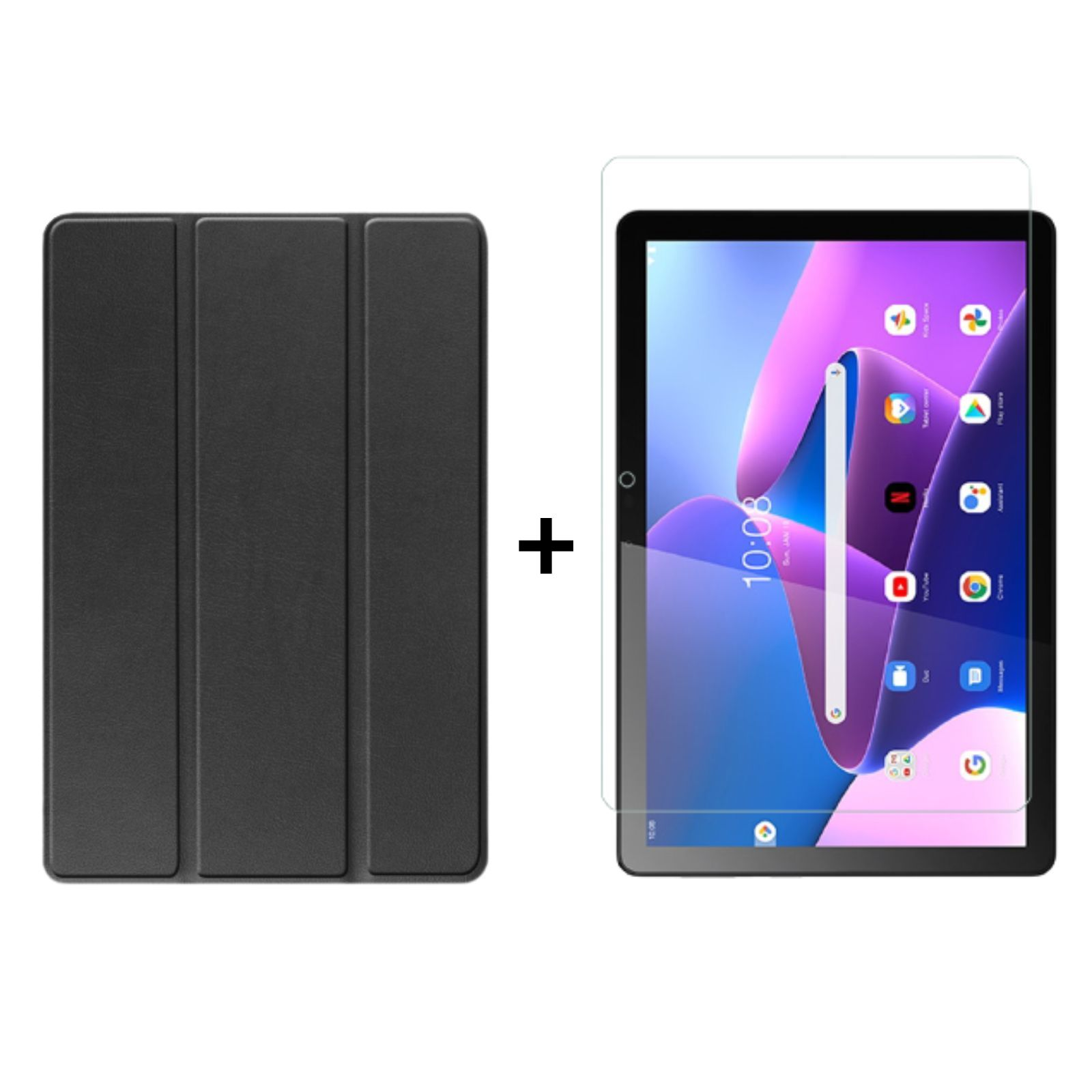 Tablet und eine gefaltete schwarze Hülle. Außerdem eine Displayschutzfolie.